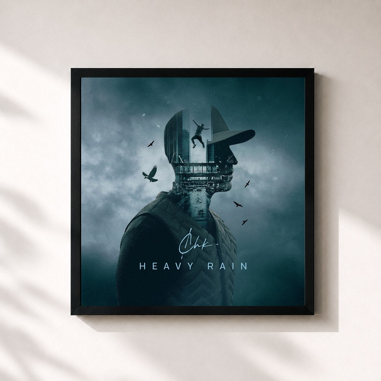 #noir Tableau carré de l'album Heavy Rain de Chakuza, cadre noir 32x32 cm