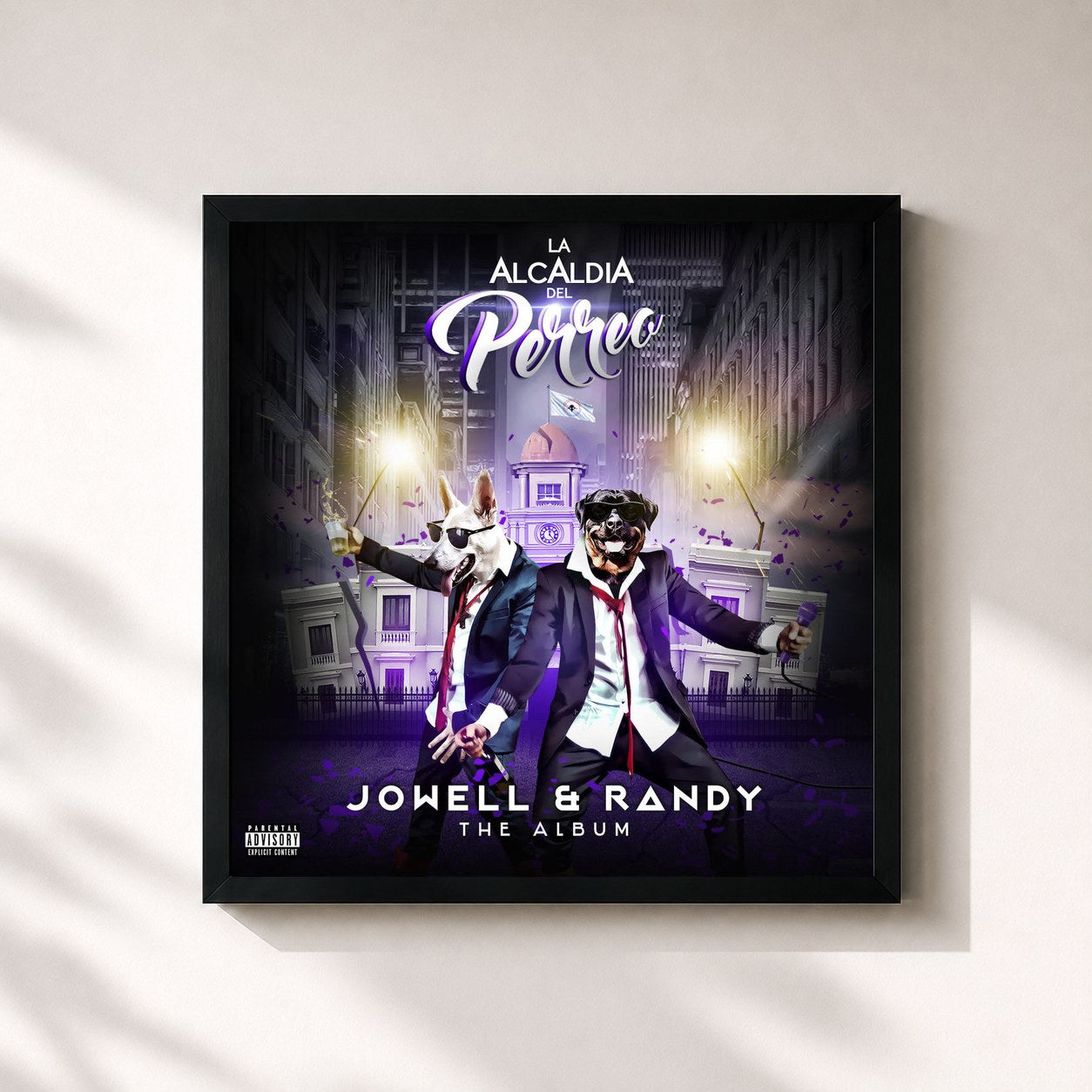 #noir Tableau carré de l'album La Alcaldia Del Perreo de Jowell & Randy, cadre noir 32x32 cm