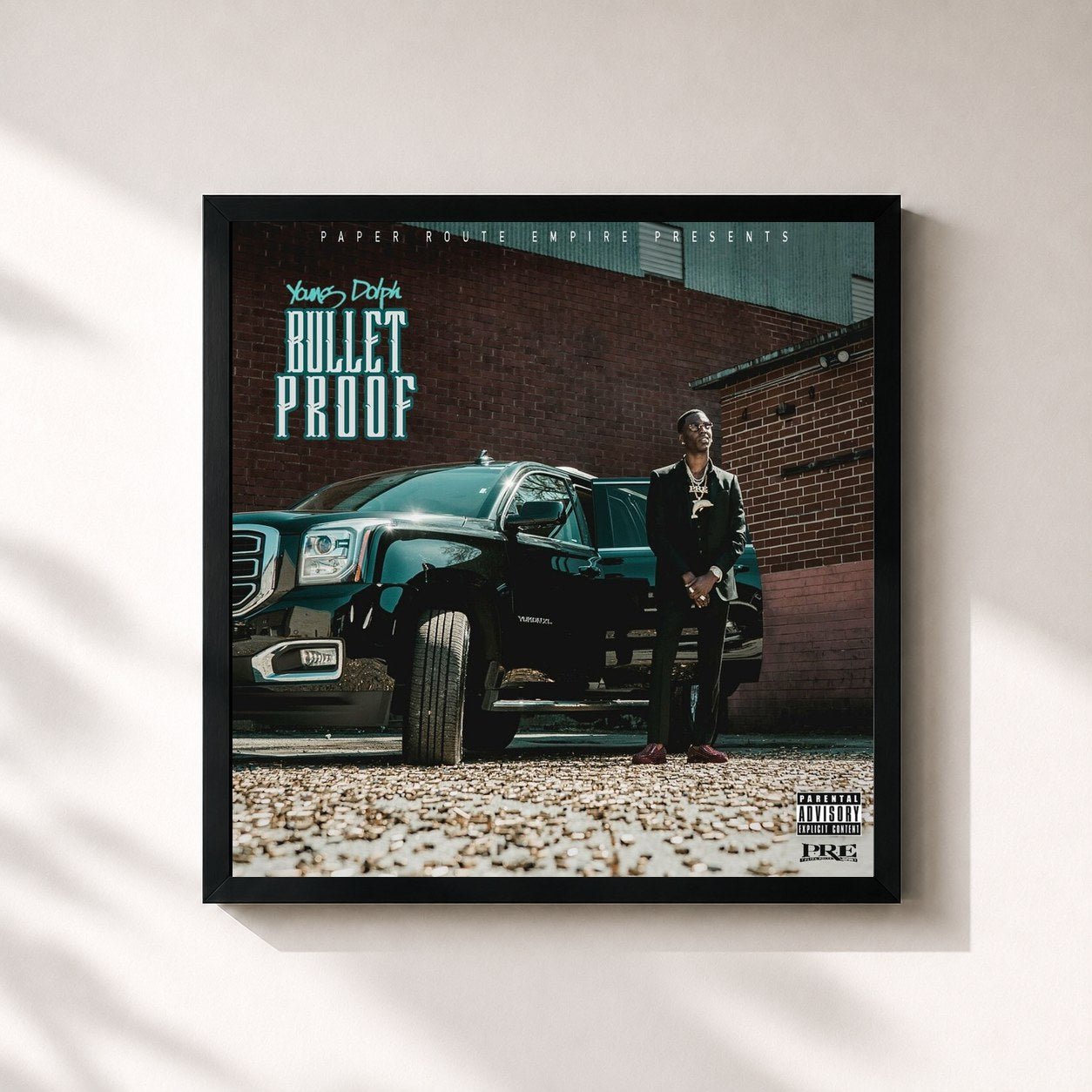 #noir Tableau carré de l'album Bulletproof de Young Dolph, cadre noir 32x32 cm