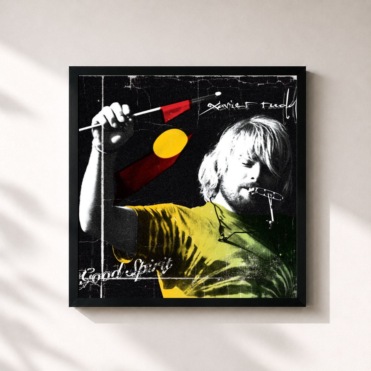 #noir Tableau carré de l'album Good Spirit de Xavier Rudd, cadre noir 32x32 cm