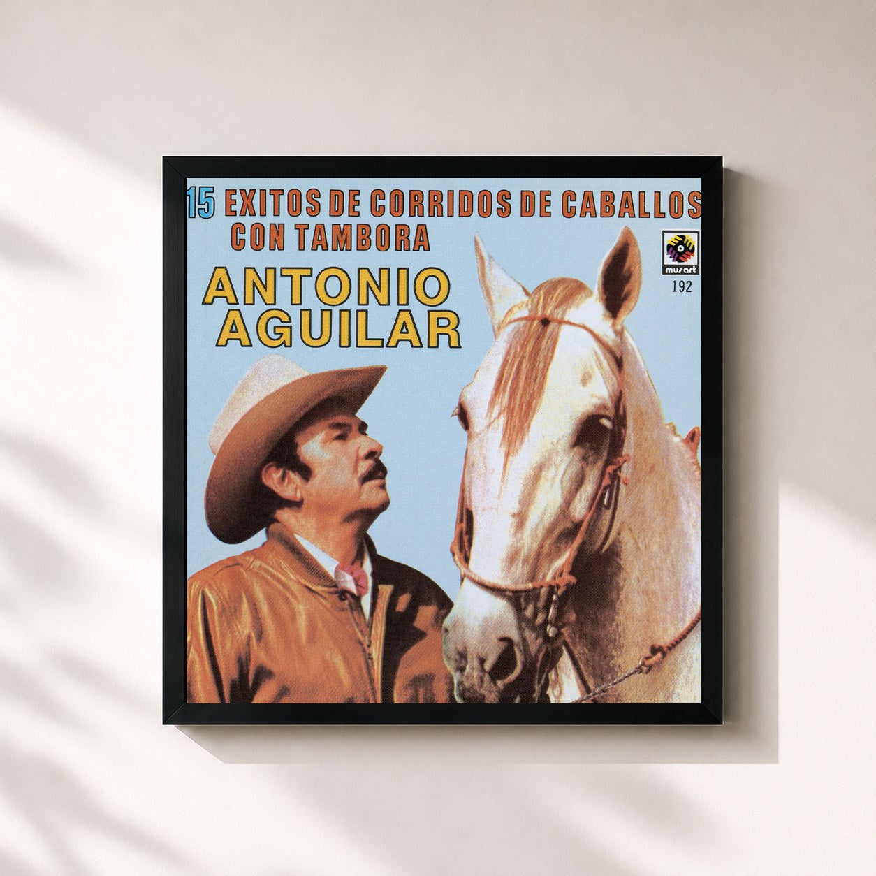 #noir Tableau carré de l'album 15 Corridos De Caballos Con Tambora de Antonio Aguilar, cadre noir 32x32 cm