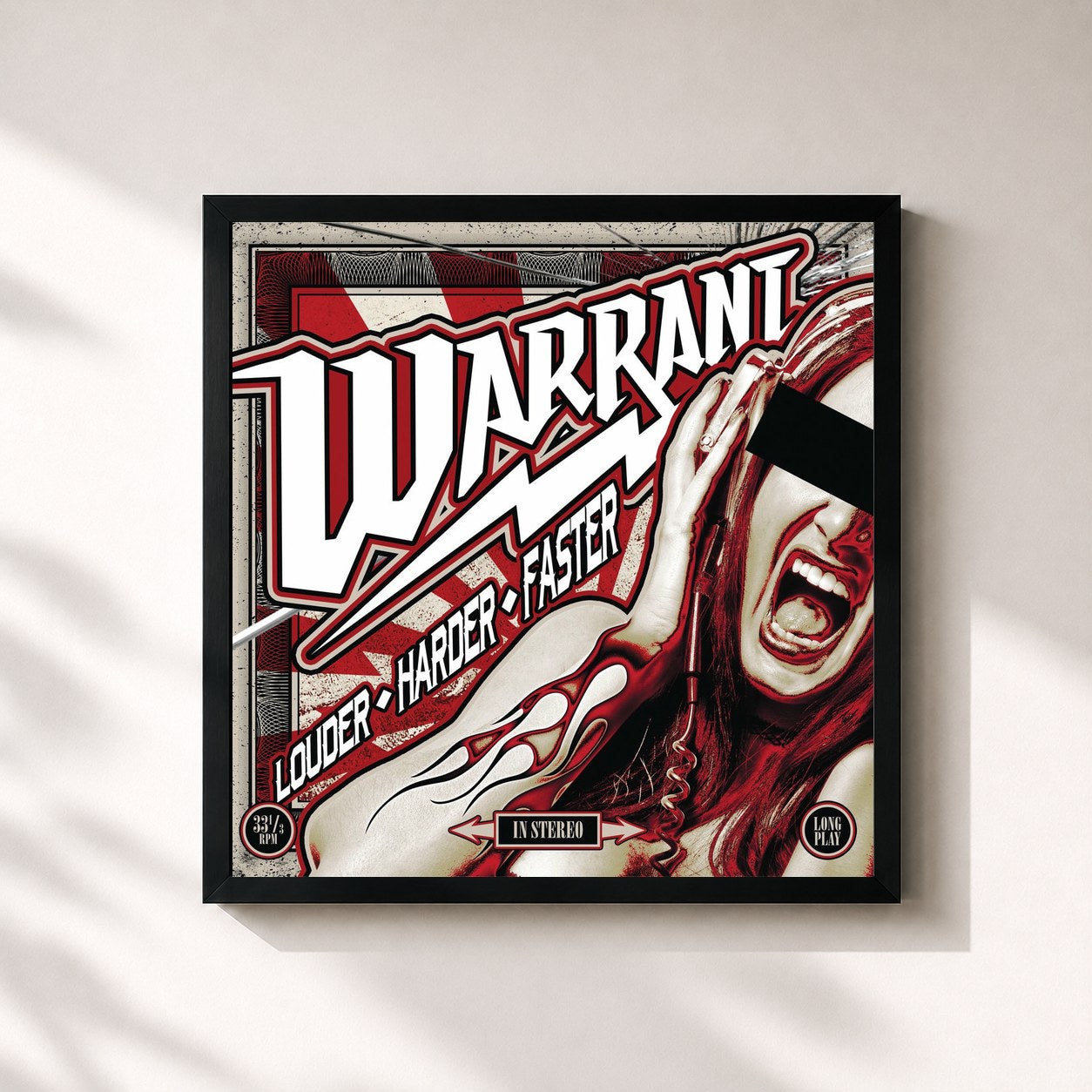 #noir Tableau carré de l'album Louder Harder Faster de Warrant, cadre noir 32x32 cm