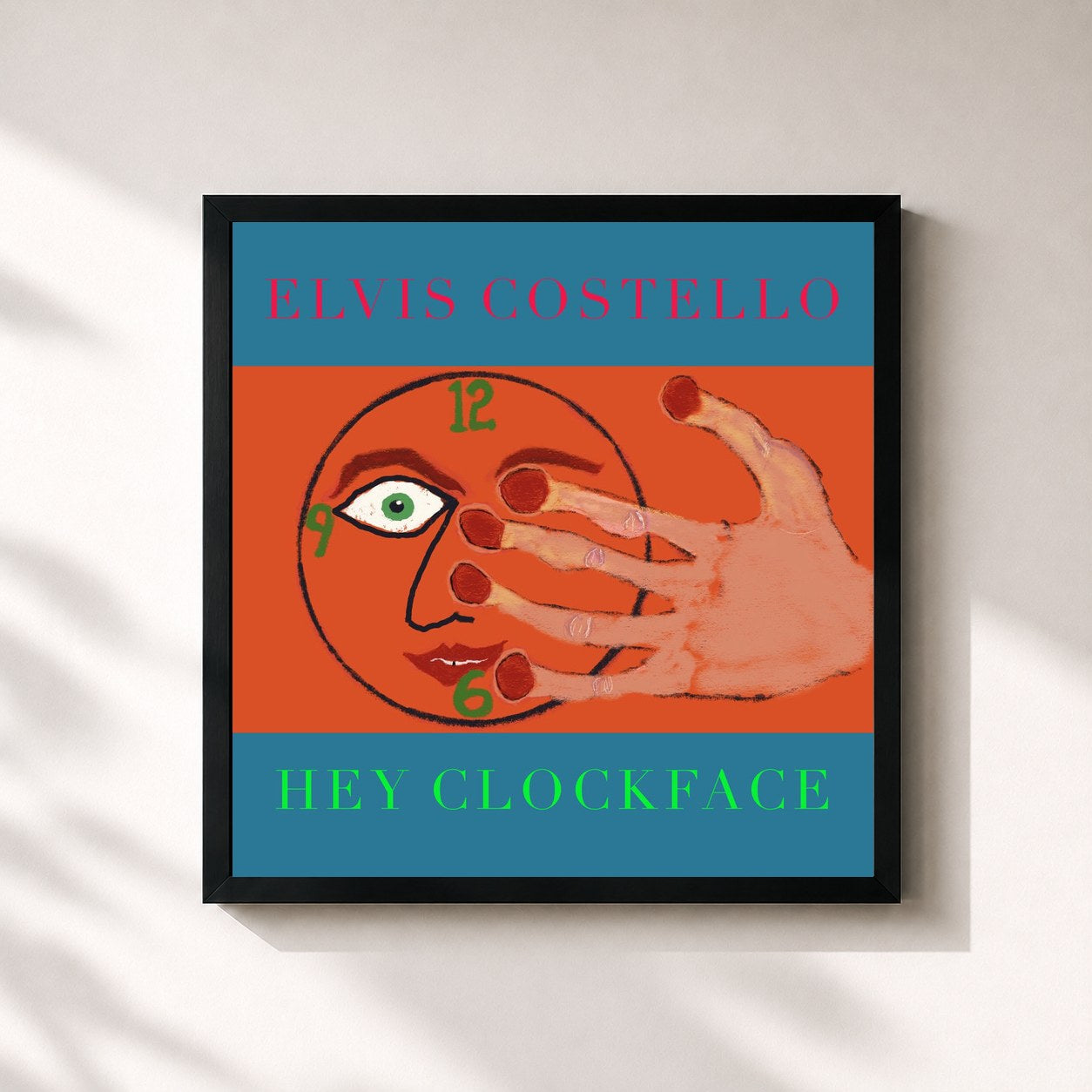 #noir Tableau carré de l'album Hey Clockface de Elvis Costello, cadre noir 32x32 cm