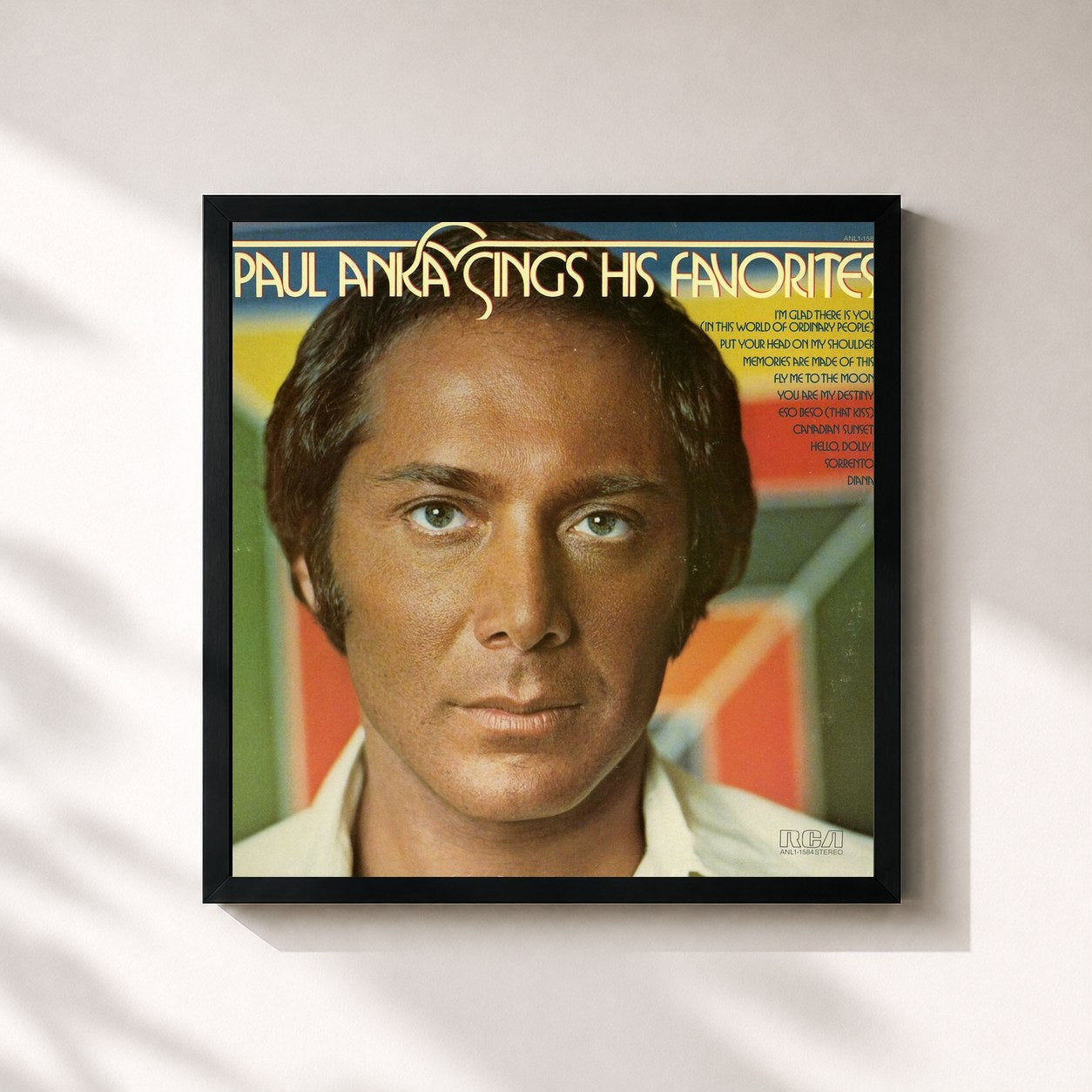 #noir Tableau carré de l'album Sings His Favorites de Paul Anka, cadre noir 32x32 cm