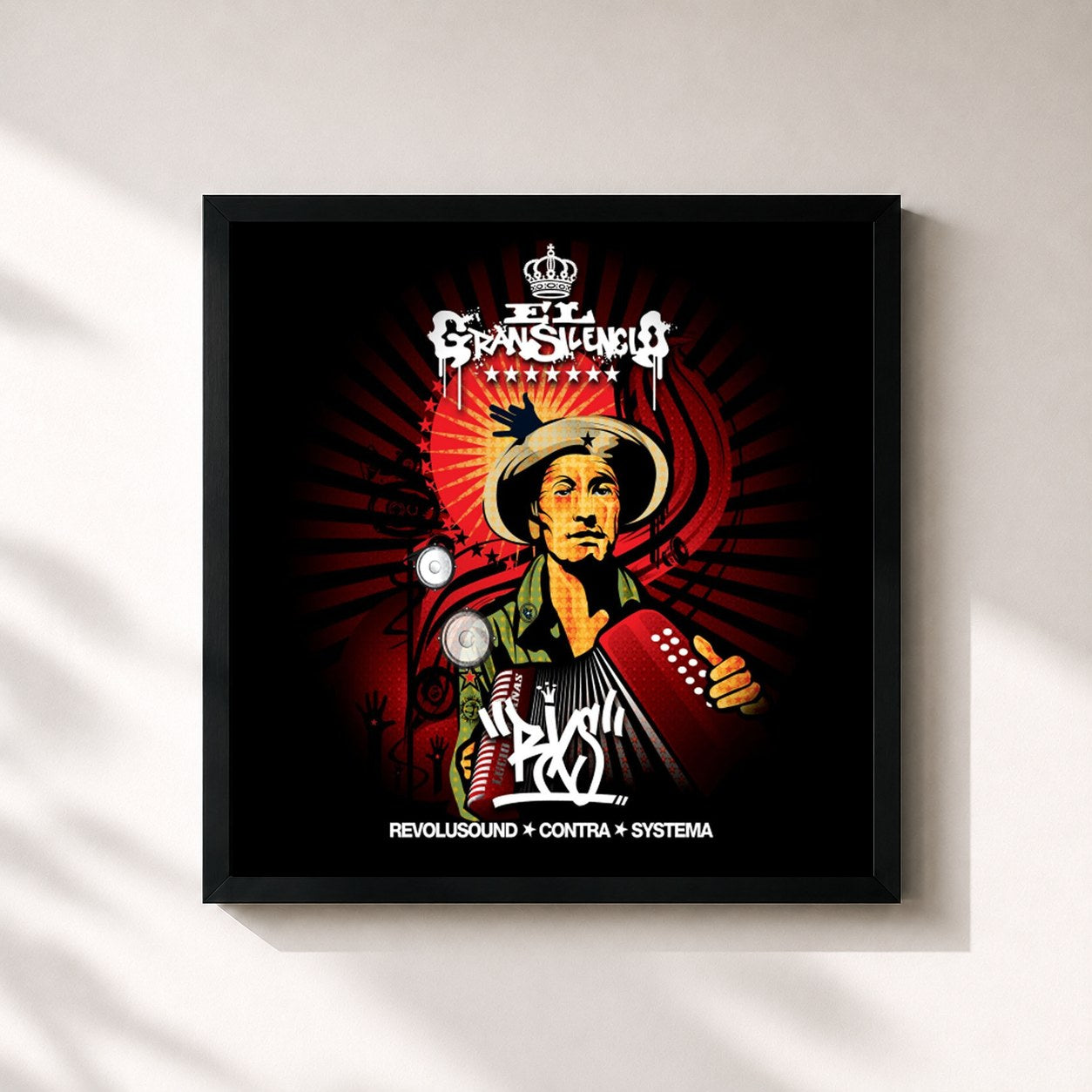 #noir Tableau carré de l'album Revolusound Contra Sistema de El Gran Silencio, cadre noir 32x32 cm