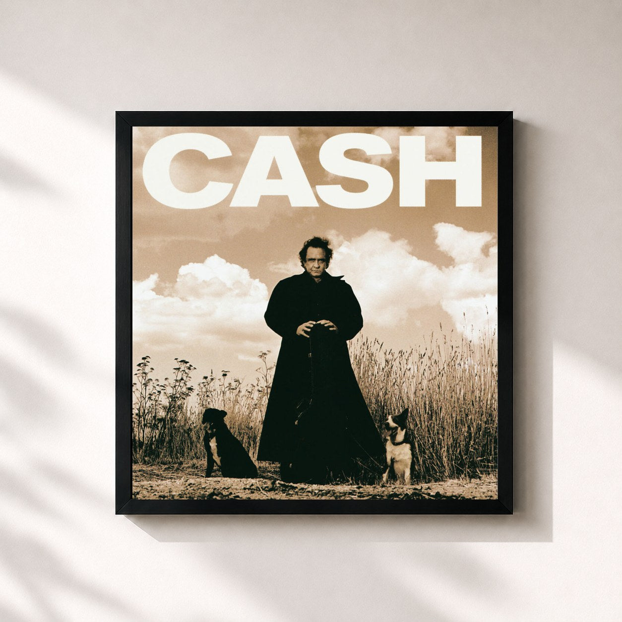 #noir Tableau carré de l'album American Recordings de Johnny Cash, cadre noir 32x32 cm