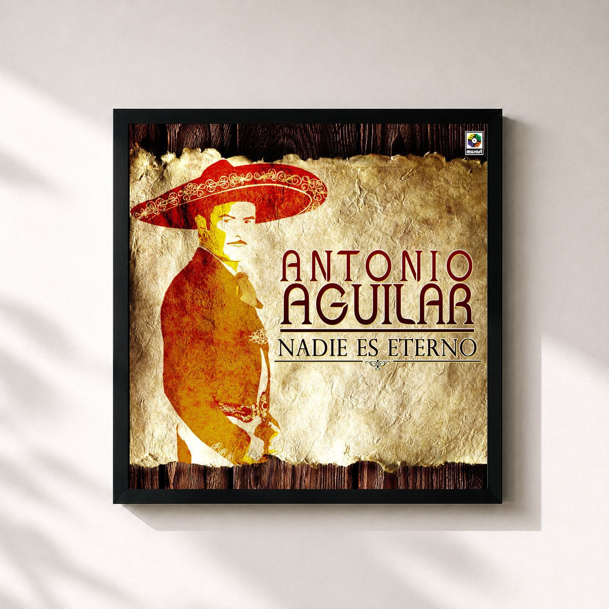 #noir Tableau carré de l'album Nadie Es Eterno de Antonio Aguilar, cadre noir 32x32 cm
