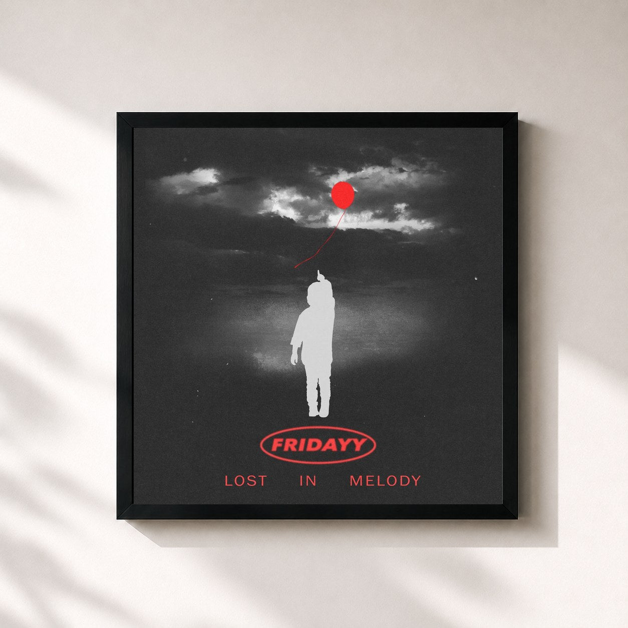 #noir Tableau carré de l'album Lost In Melody de Fridayy, cadre noir 32x32 cm