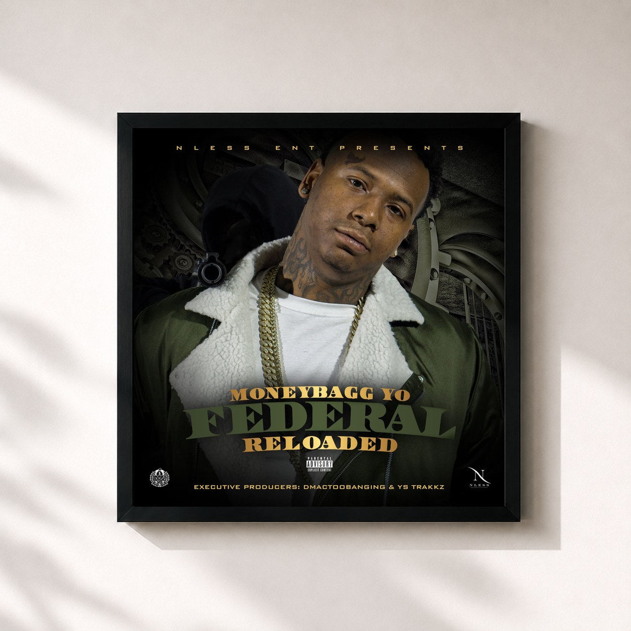 #noir Tableau carré de l'album Federal Reloaded de Moneybagg Yo, cadre noir 32x32 cm