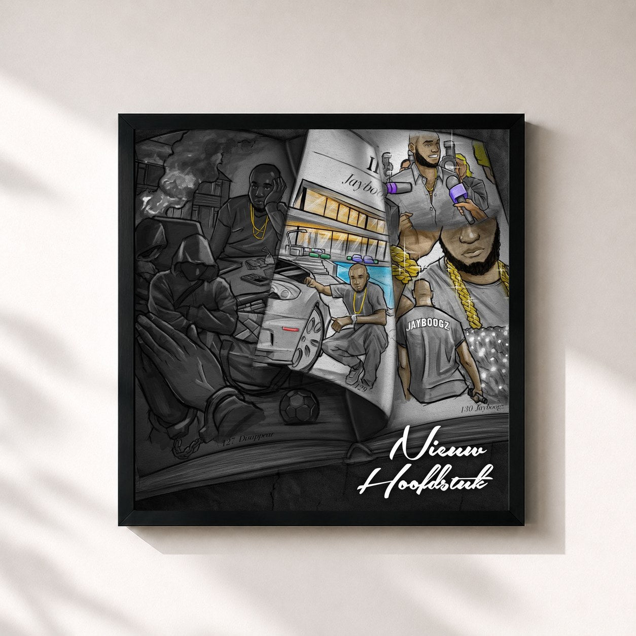 #noir Tableau carré de l'album Nieuw Hoofdstuk de Jayboogz, cadre noir 32x32 cm