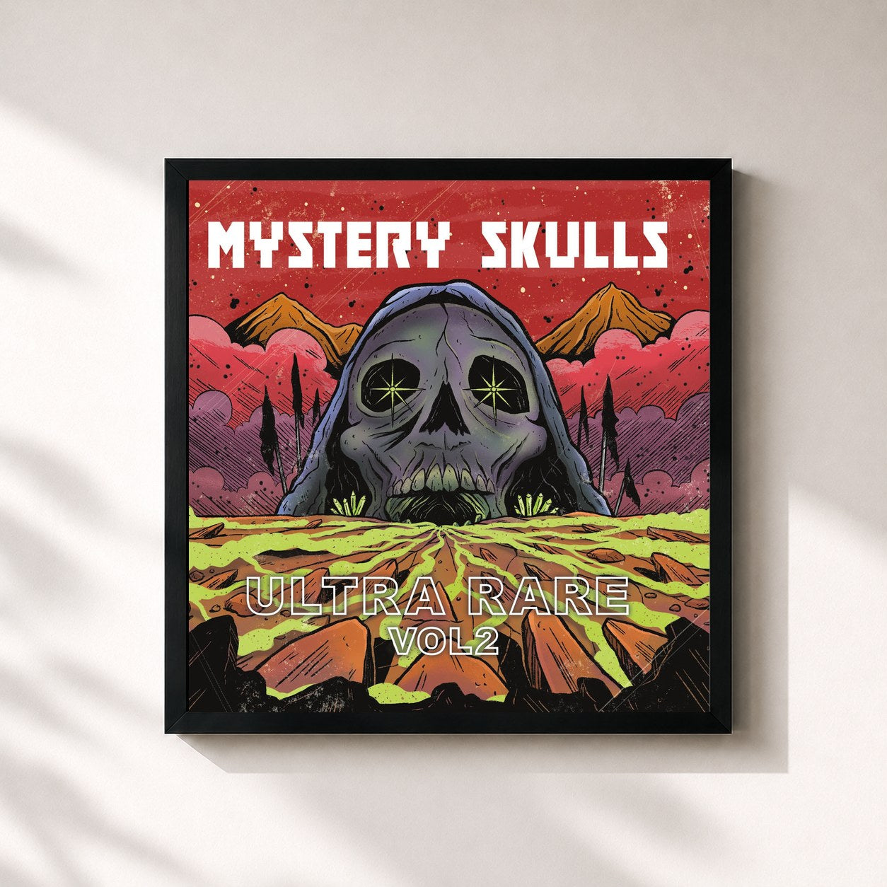 #noir Tableau carré de l'album Ultra Rare Vol 2 de Mystery Skulls, cadre noir 32x32 cm