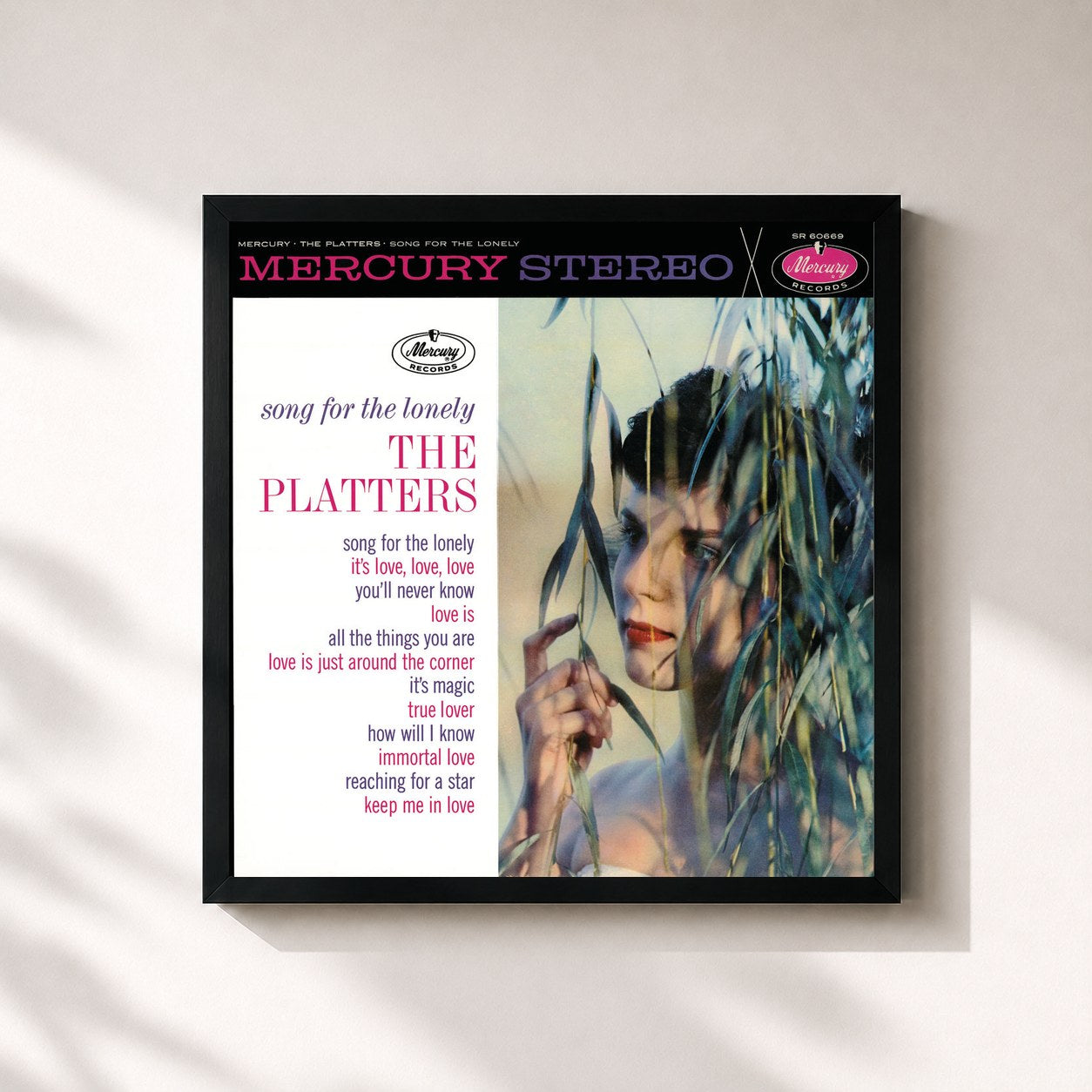 #noir Tableau carré de l'album Song For The Lonely de The Platters, cadre noir 32x32 cm