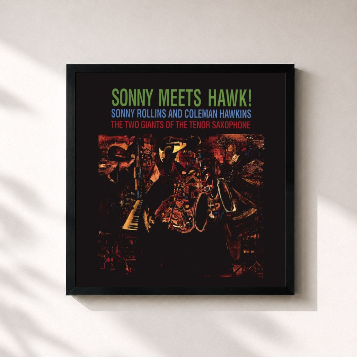 #noir Tableau carré de l'album Sonny Meets Hawk de Sonny Rollins, cadre noir 32x32 cm