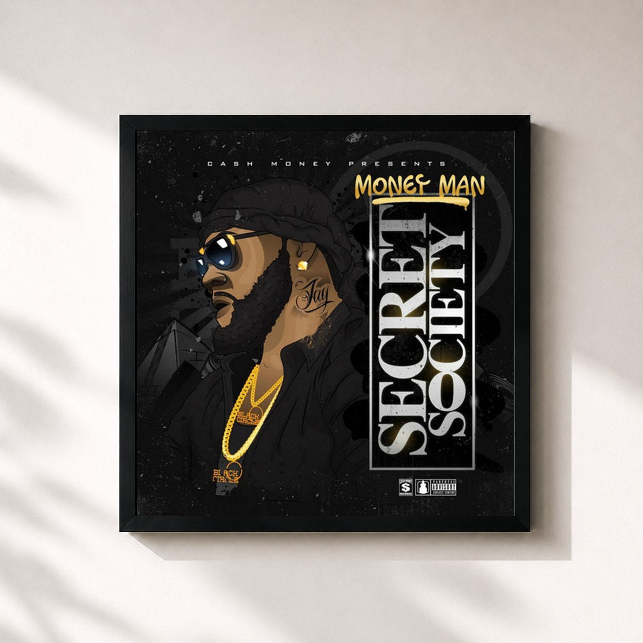 #noir Tableau carré de l'album Secret Society de Money Man, cadre noir 32x32 cm