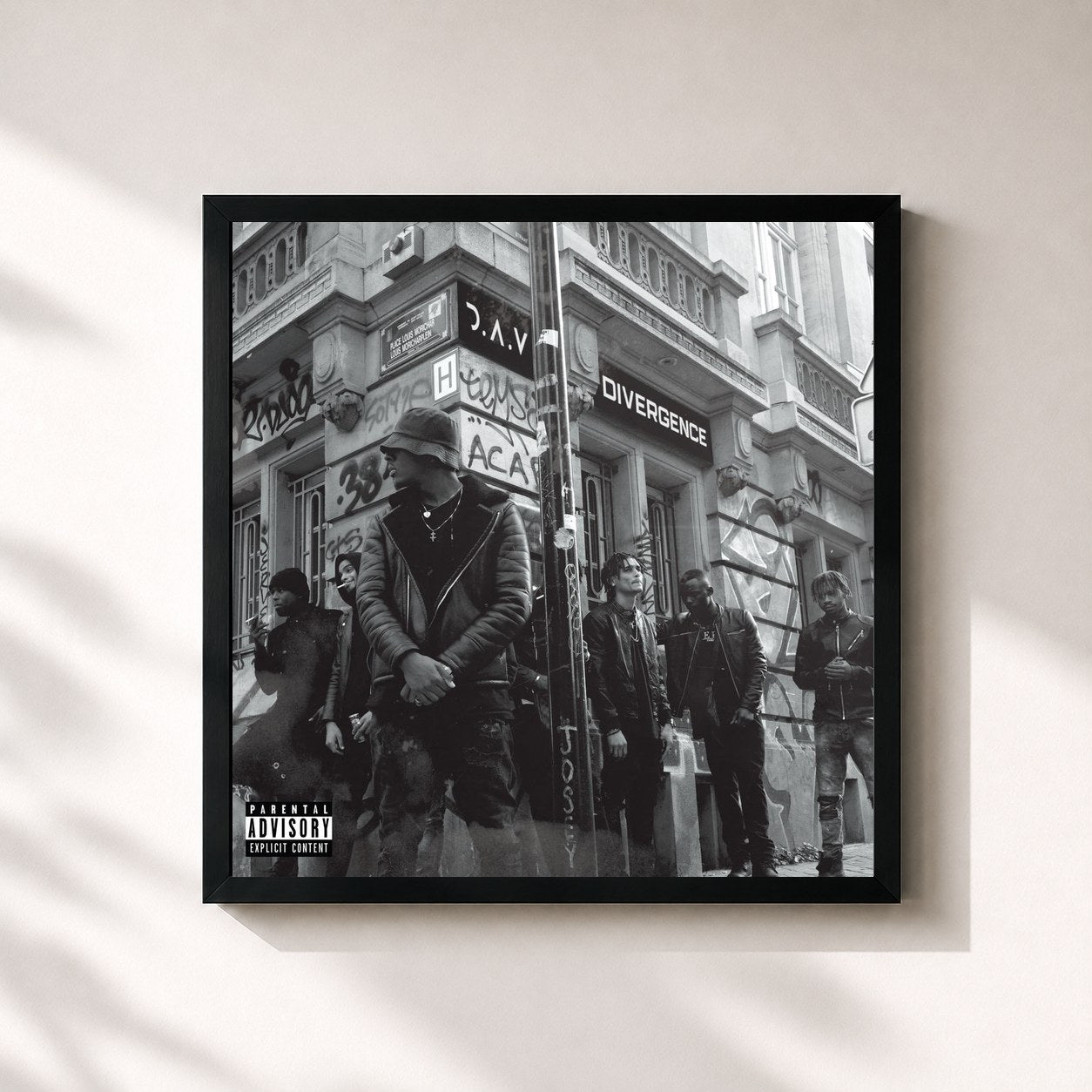 #noir Tableau carré de l'album Divergence de D.A.V, cadre noir 32x32 cm