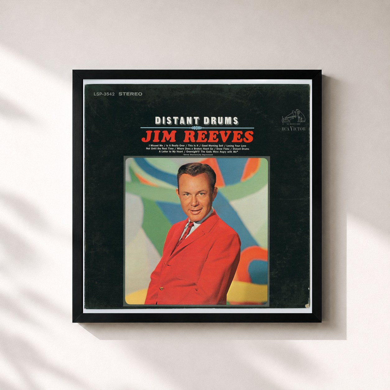 #noir Tableau carré de l'album Distant Drums de Jim Reeves, cadre noir 32x32 cm
