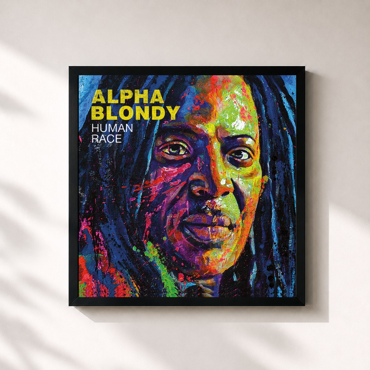 #noir Tableau carré de l'album Human Race de Alpha Blondy, cadre noir 32x32 cm