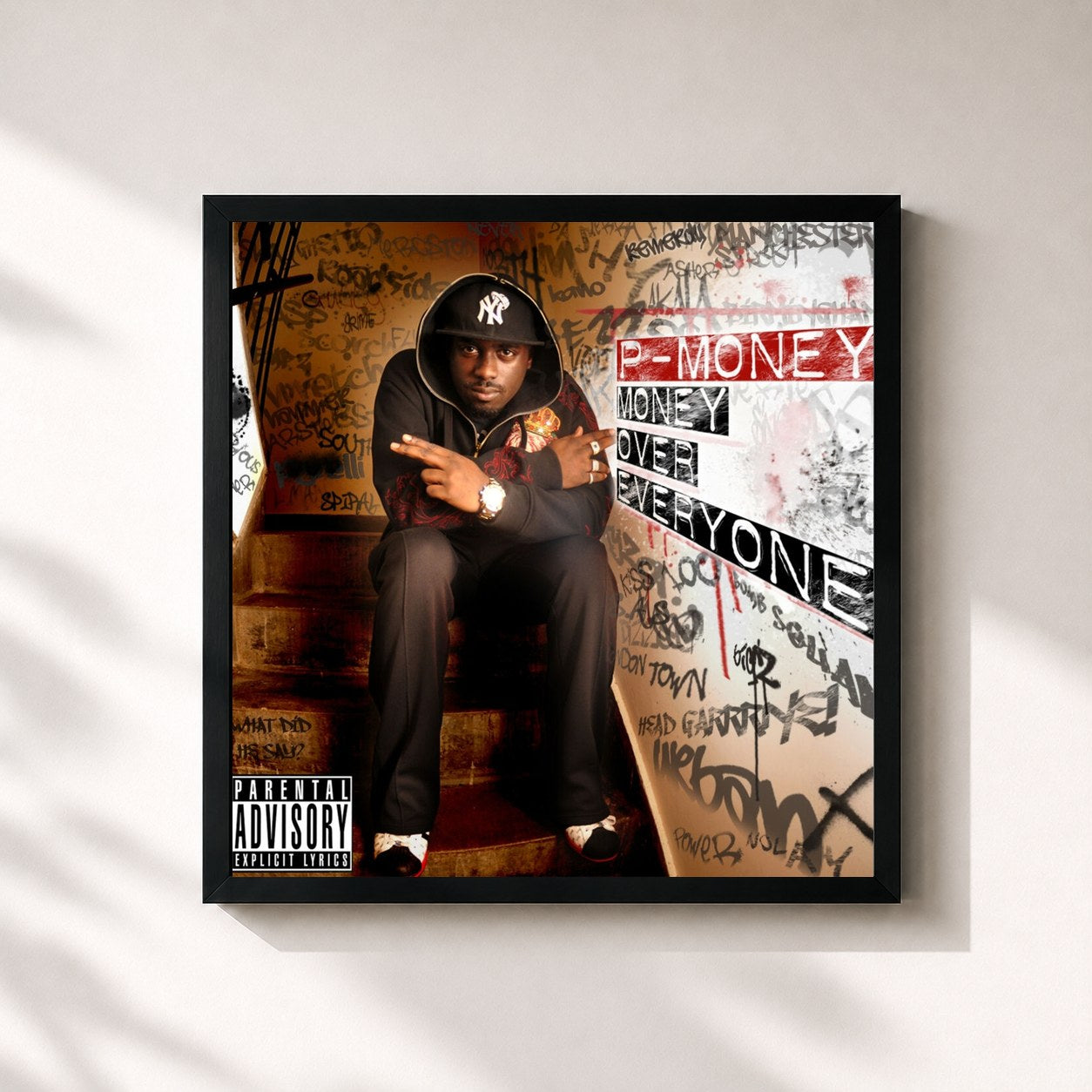 #noir Tableau carré de l'album Money Over Everyone de P Money, cadre noir 32x32 cm
