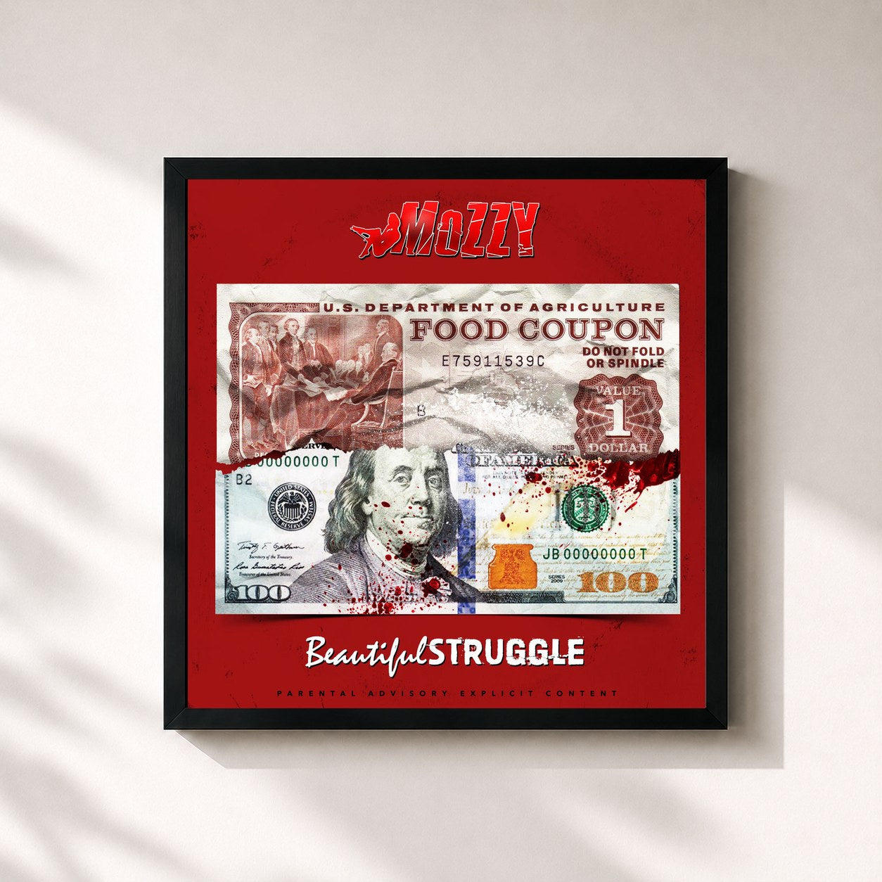 #noir Tableau carré de l'album Beautiful Struggle de Mozzy, cadre noir 32x32 cm