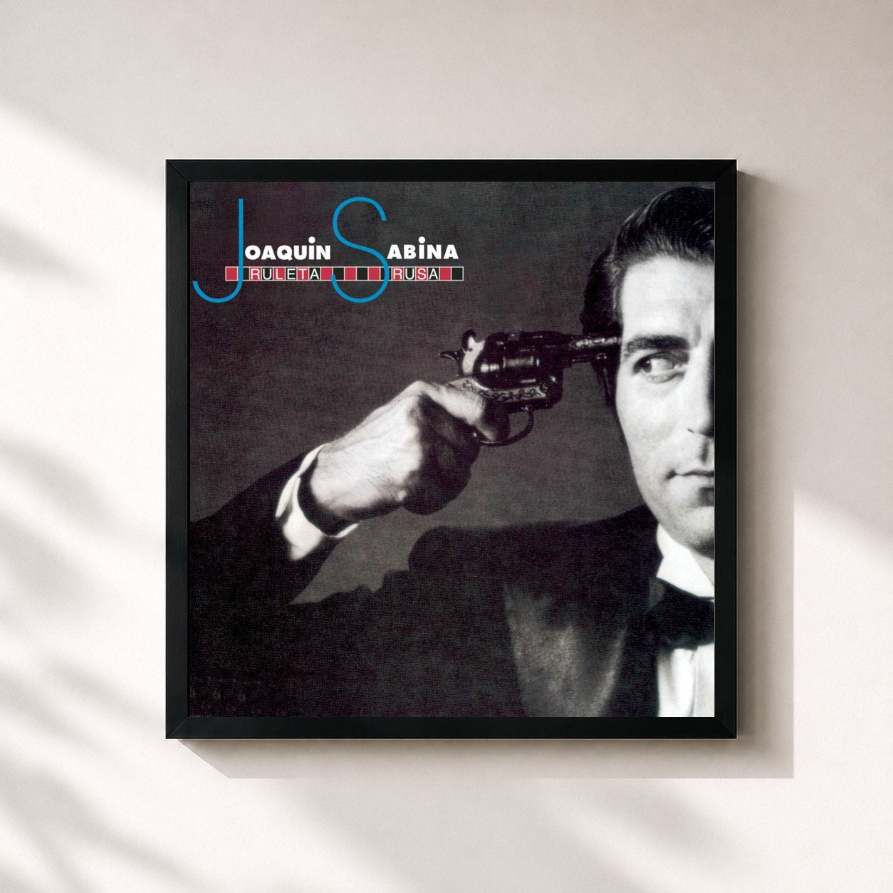 #noir Tableau carré de l'album Ruleta Rusa de Joaquín Sabina, cadre noir 32x32 cm