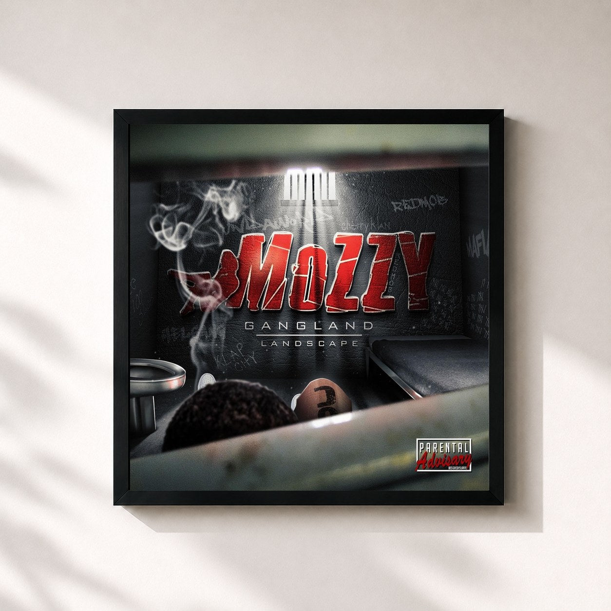 #noir Tableau carré de l'album Gangland Landscape de Mozzy, cadre noir 32x32 cm