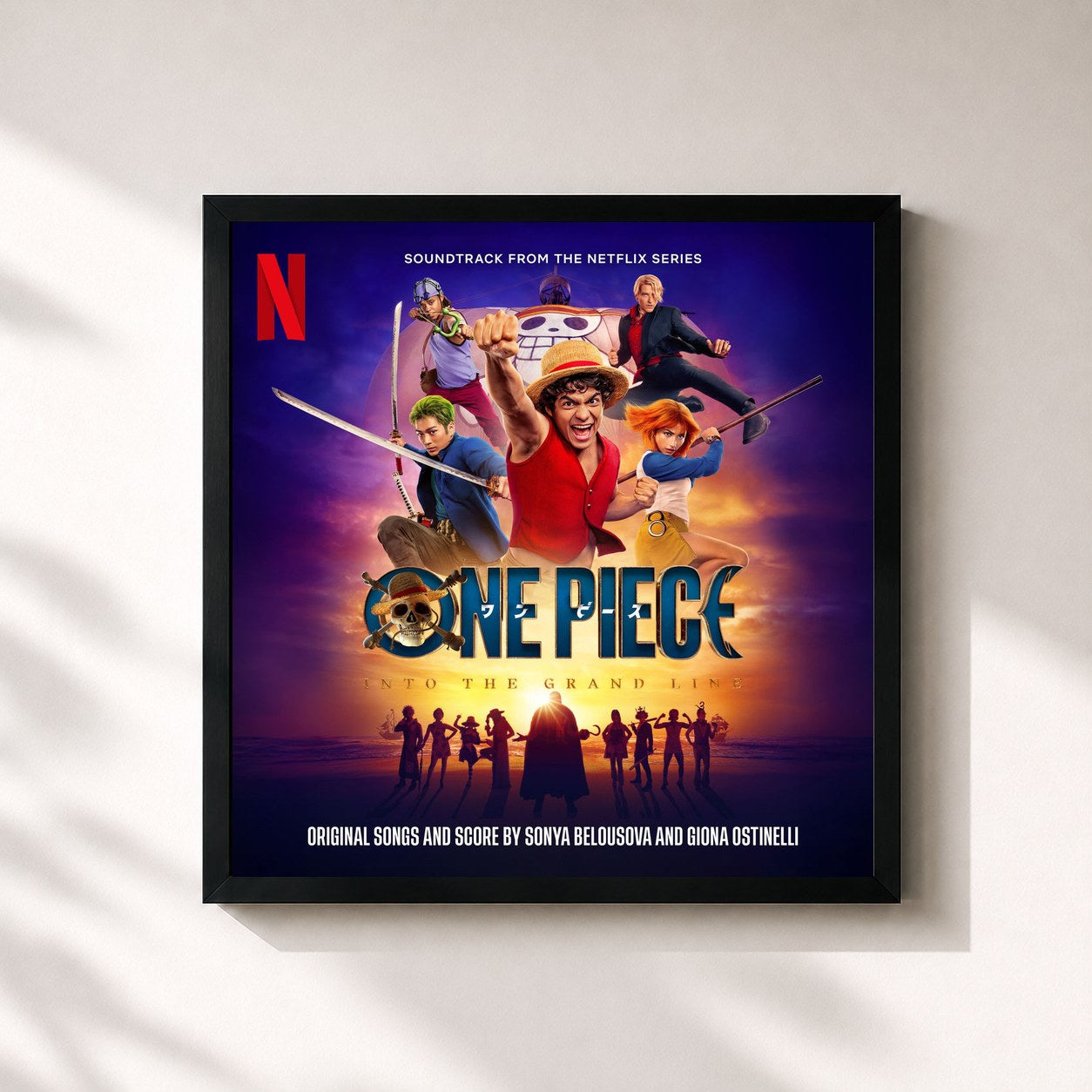 #noir Tableau carré de l'album One Piece: Into the Grand Line (Soundtrack from the Netflix Series) de Sonya Belousova, cadre noir 32x32 cm