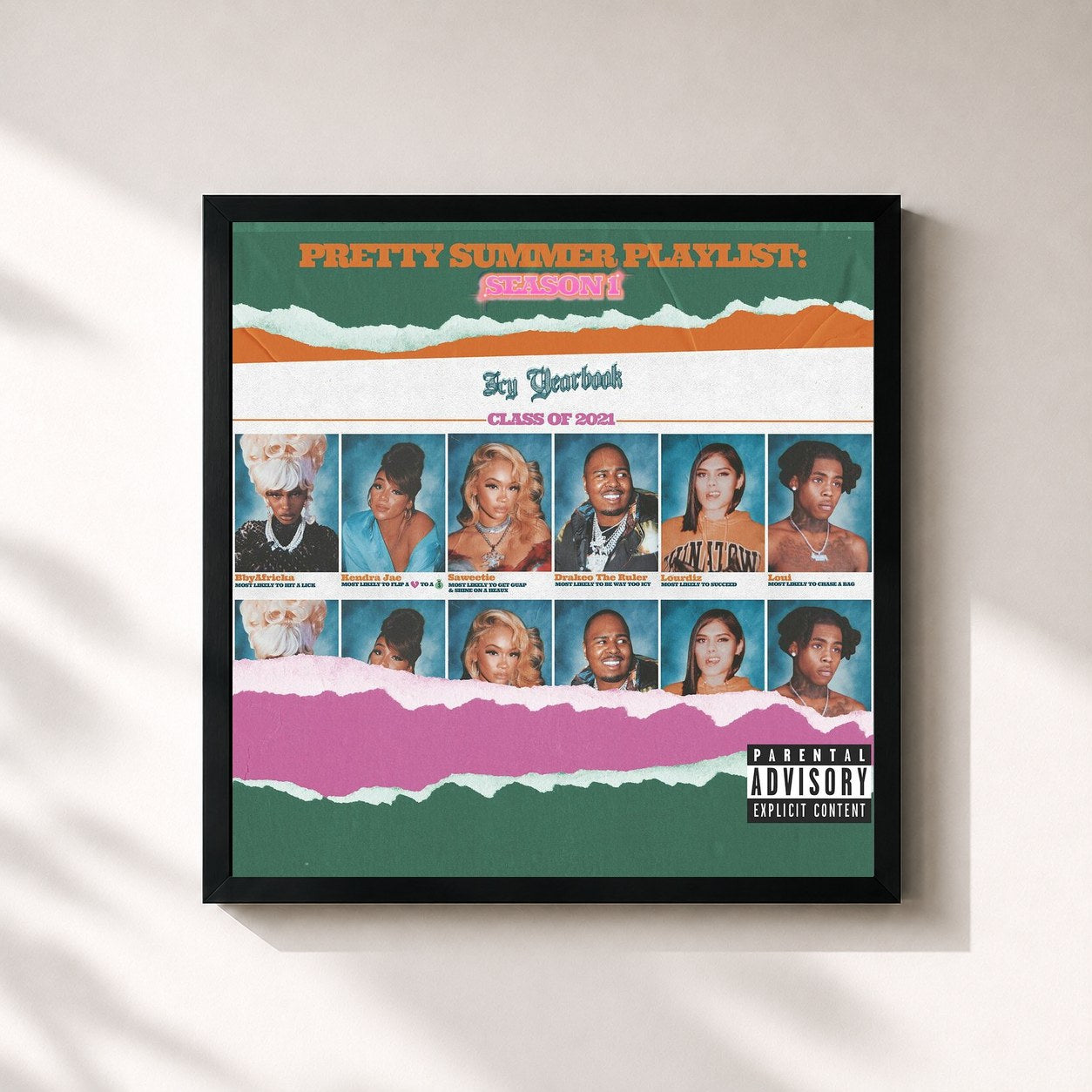 #noir Tableau carré de l'album Pretty Summer Playlist: Season 1 de Saweetie, cadre noir 32x32 cm
