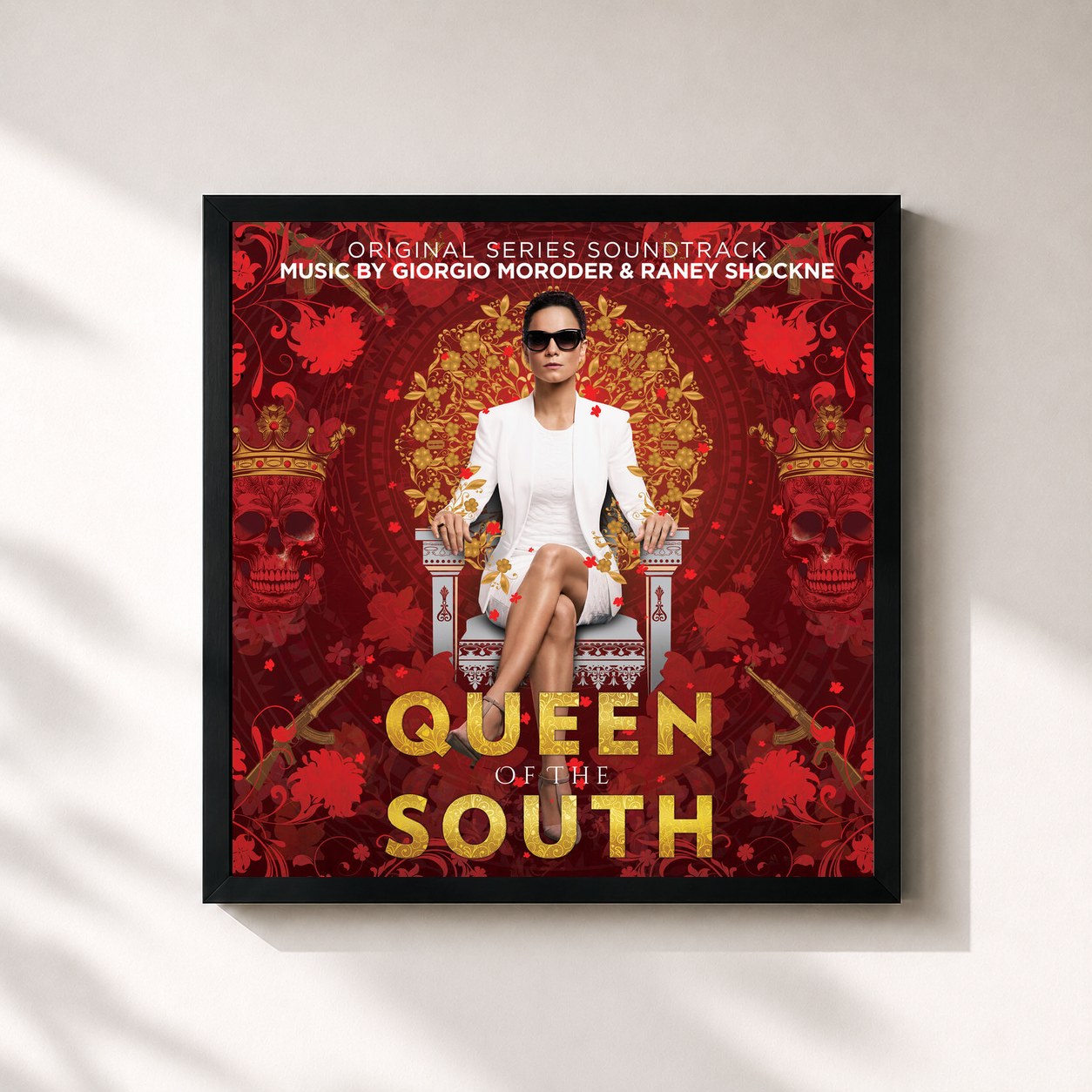 #noir Tableau carré de l'album Queen of the South (Original Series Soundtrack) de Giorgio Moroder, cadre noir 32x32 cm