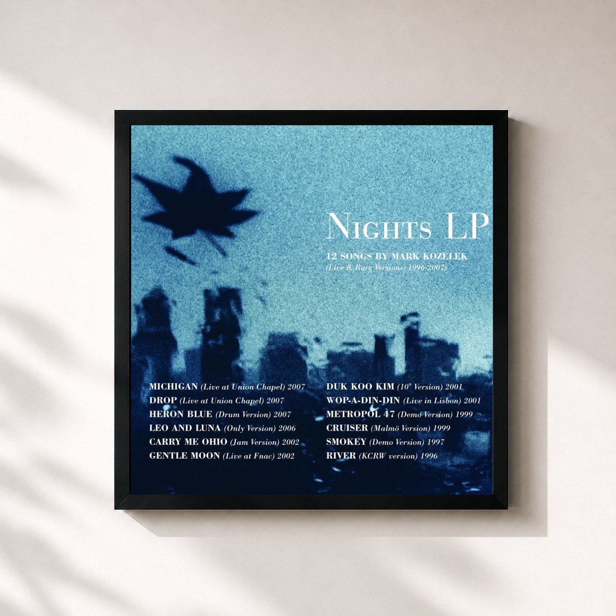 #noir Tableau carré de l'album Nights Lp de Mark Kozelek, cadre noir 32x32 cm