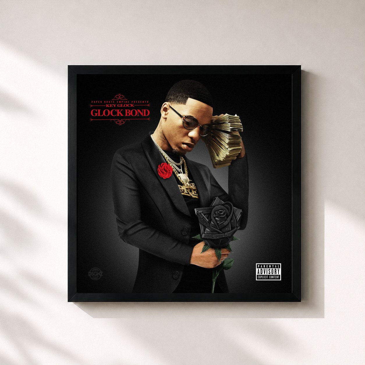 #noir Tableau carré de l'album Glock Bond de Key Glock, cadre noir 32x32 cm