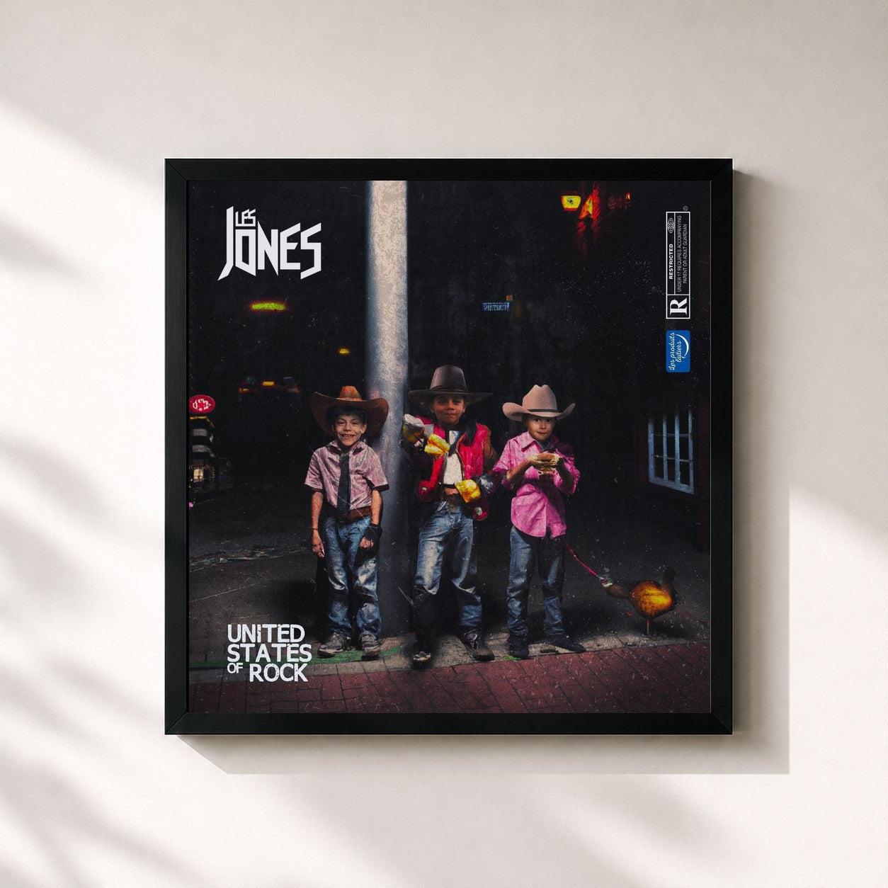 #noir Tableau carré de l'album United States Of Rock de Les Jones, cadre noir 32x32 cm