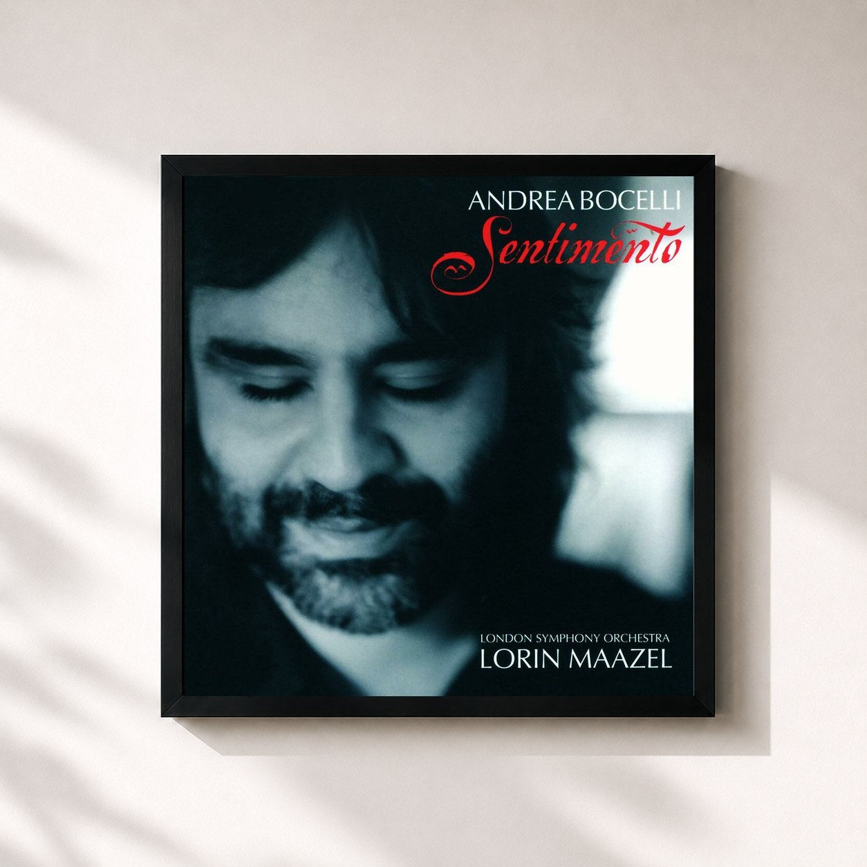 #noir Tableau carré de l'album Sentimento de Andrea Bocelli, cadre noir 32x32 cm