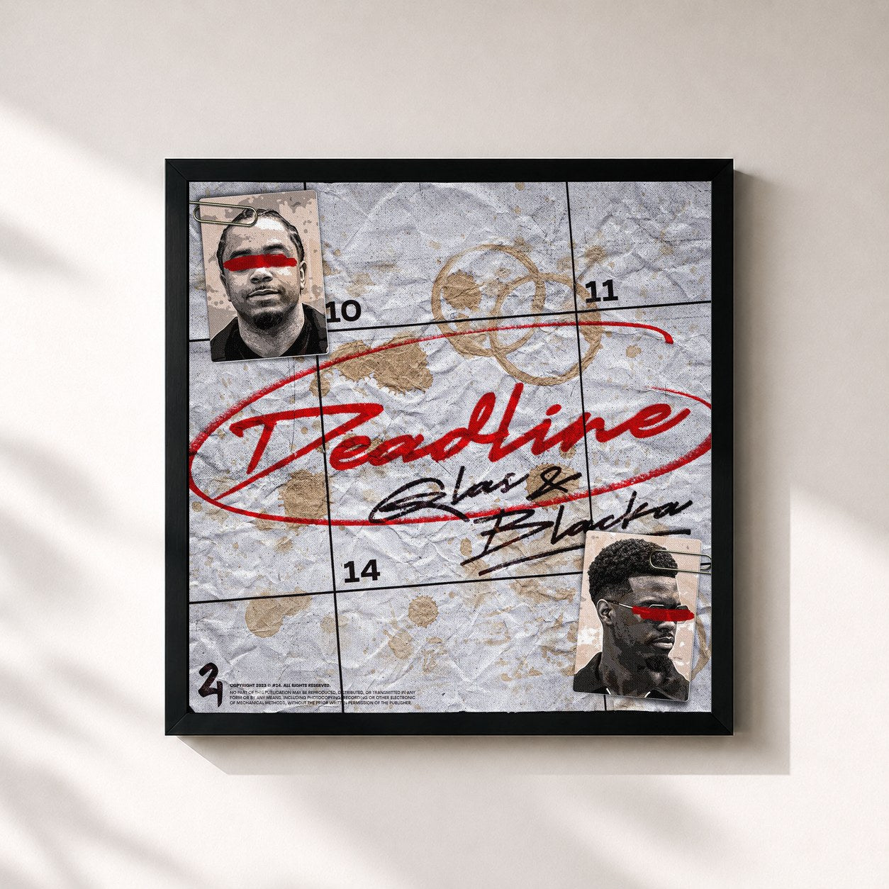 #noir Tableau carré de l'album Deadline de Qlas & Blacka, cadre noir 32x32 cm