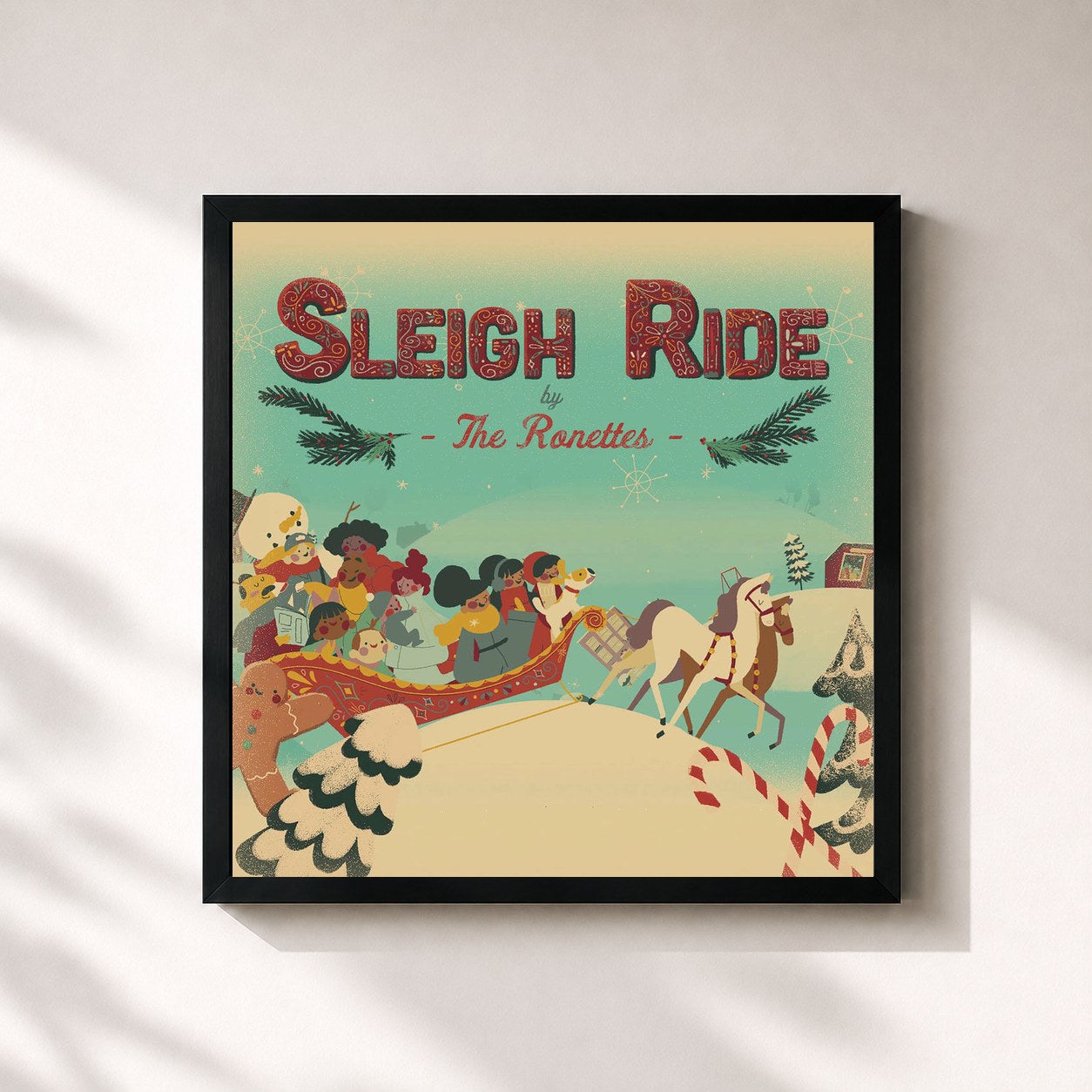 #noir Tableau carré de l'album Sleigh Ride de The Ronettes, cadre noir 32x32 cm