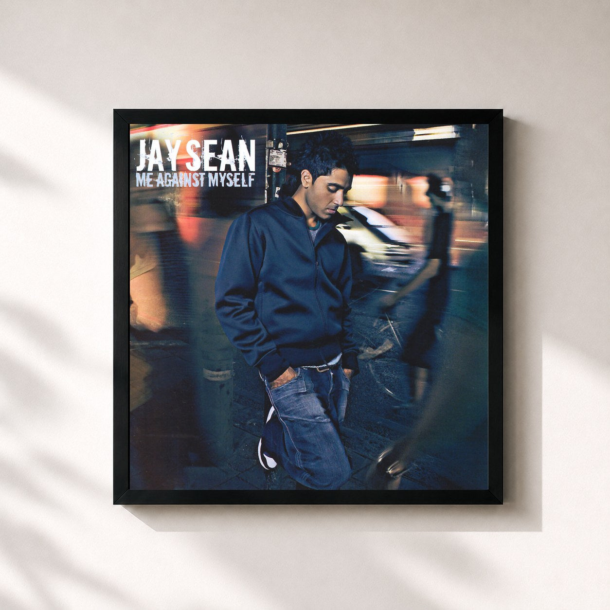 #noir Tableau carré de l'album Me Against Myself de Jay Sean, cadre noir 32x32 cm