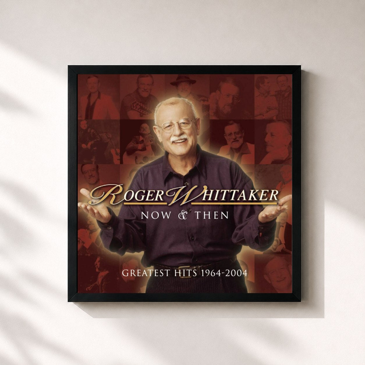 #noir Tableau carré de l'album Now and Then: 1964 - 2004 de Roger Whittaker, cadre noir 32x32 cm