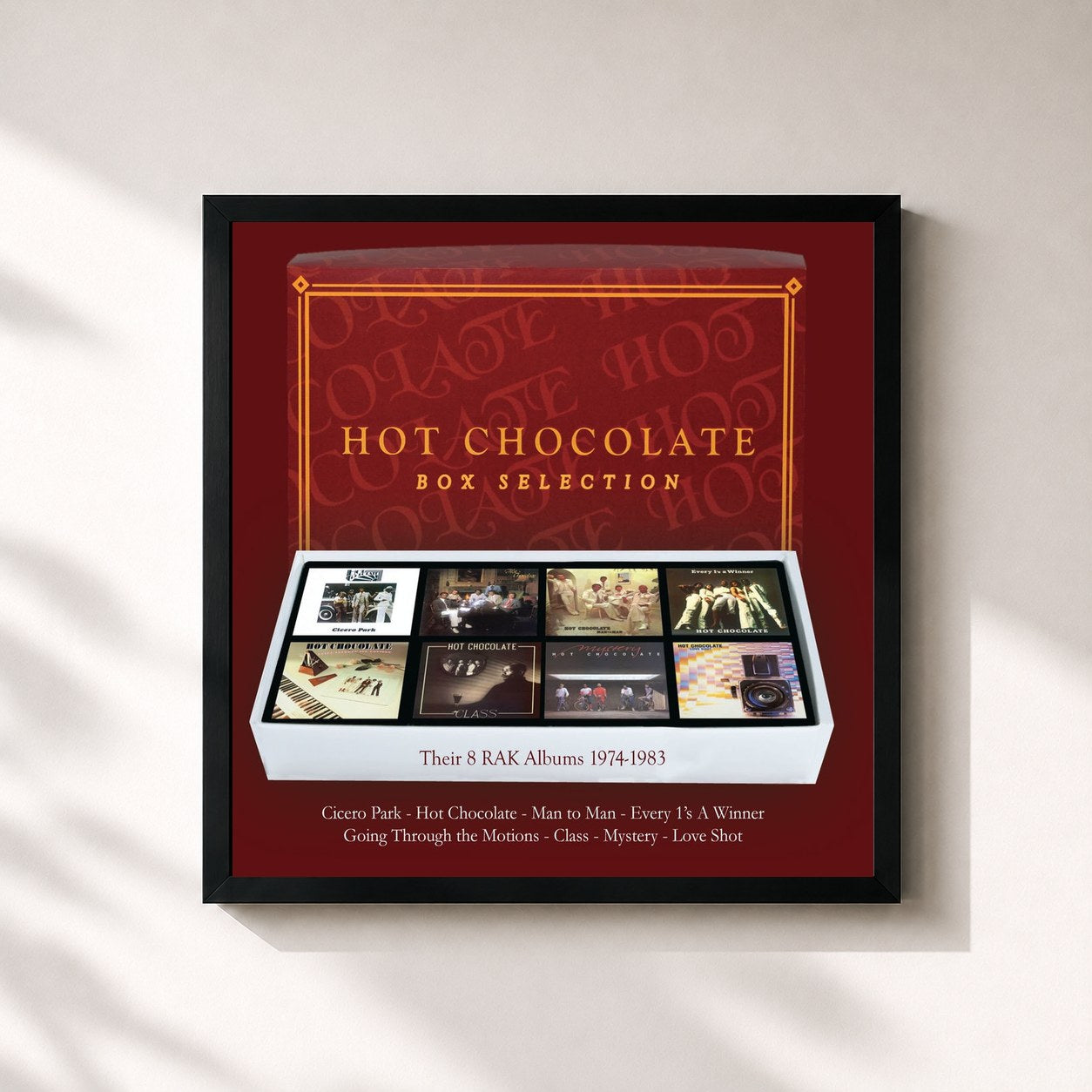 #noir Tableau carré de l'album Box Selection (Their 8 RAK Albums 1974-1983) de Hot Chocolate, cadre noir 32x32 cm