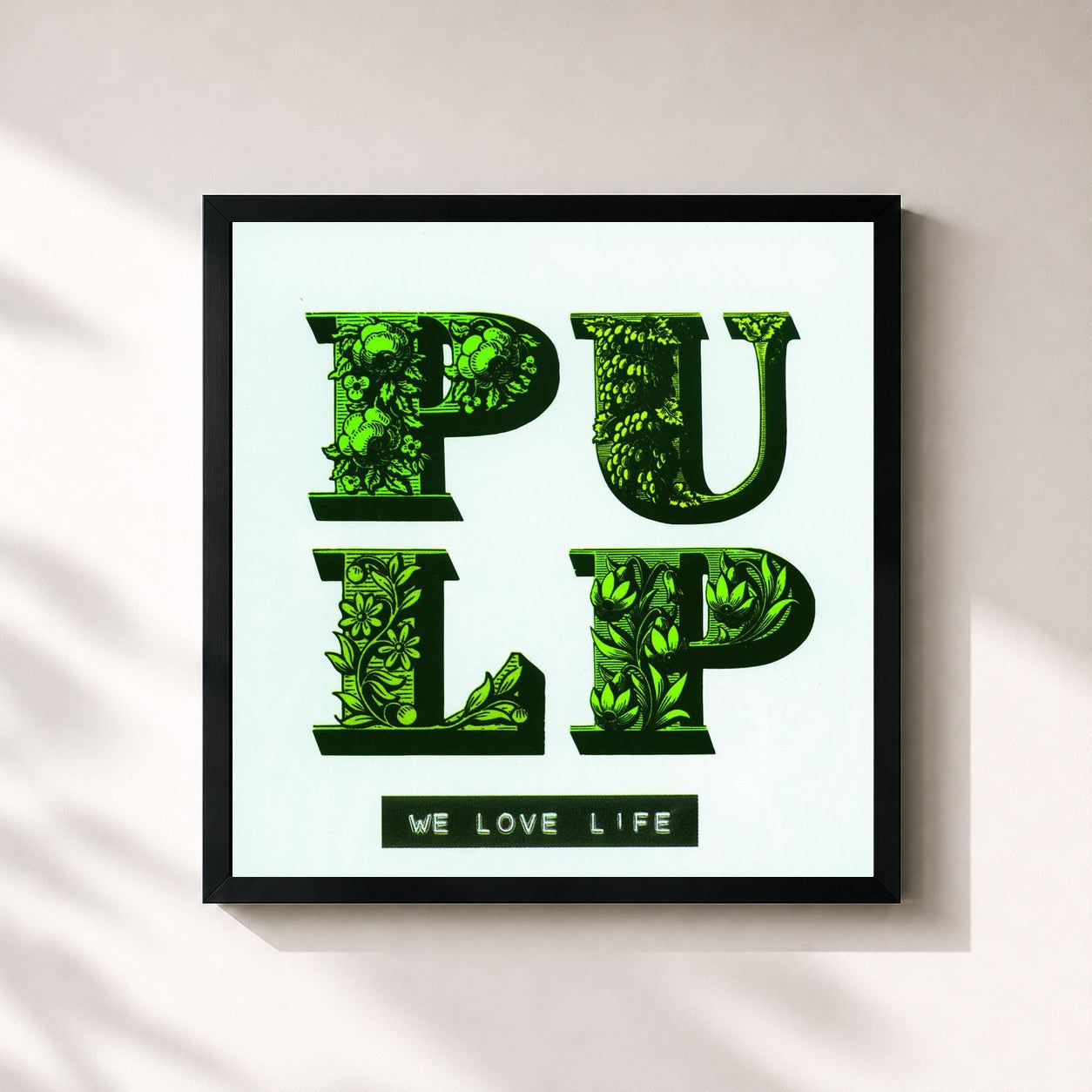#noir Tableau carré de l'album We Love Life de Pulp, cadre noir 32x32 cm