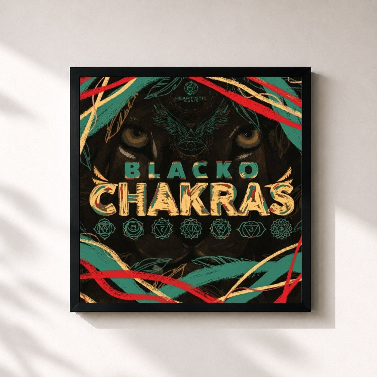 #noir Tableau carré de l'album Chakras de Blacko, cadre noir 32x32 cm