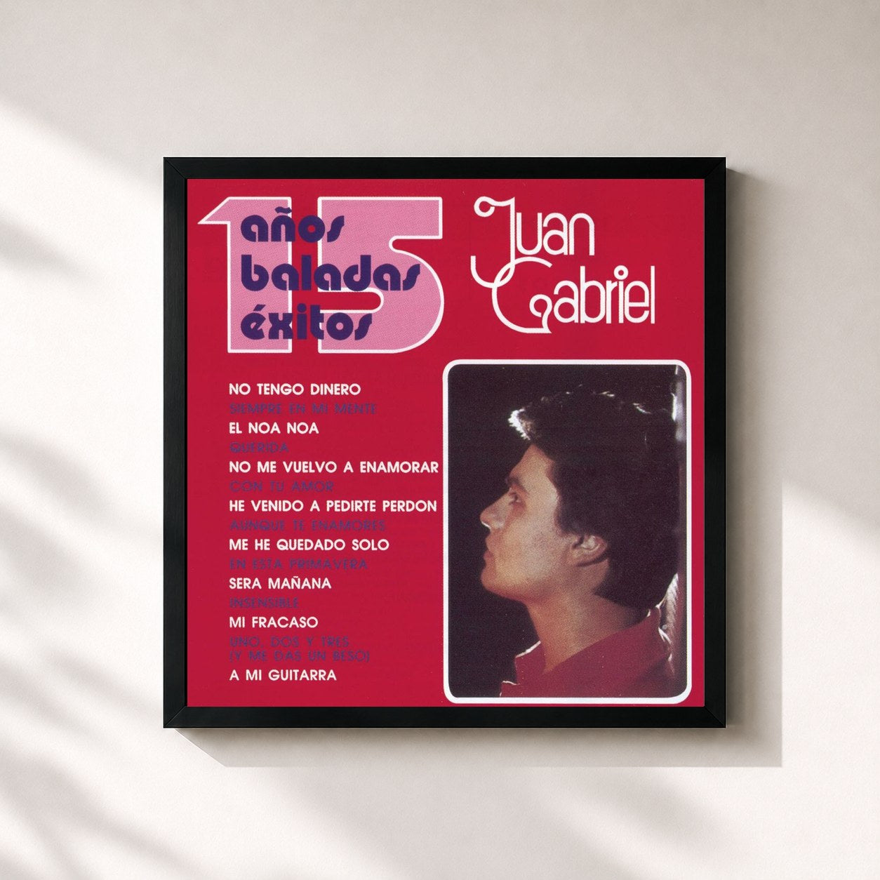 #noir Tableau carré de l'album 15 Años Baladas Éxitos de Juan Gabriel, cadre noir 32x32 cm