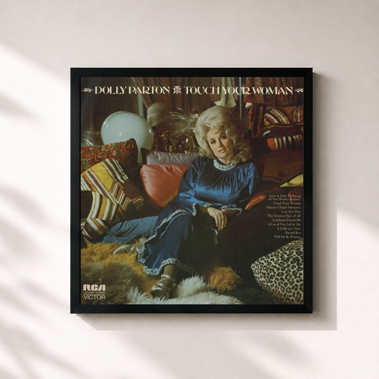 #noir Tableau carré de l'album Touch Your Woman de Dolly Parton, cadre noir 32x32 cm