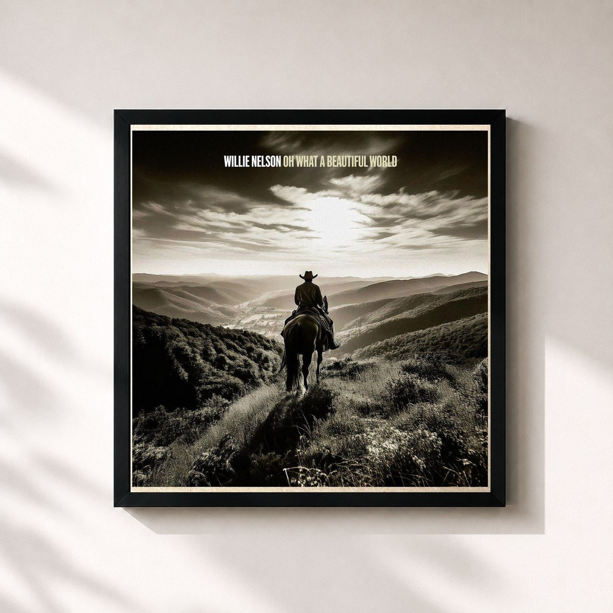 #noir Tableau carré de l'album Oh What A Beautiful World de Willie Nelson, cadre noir 32x32 cm