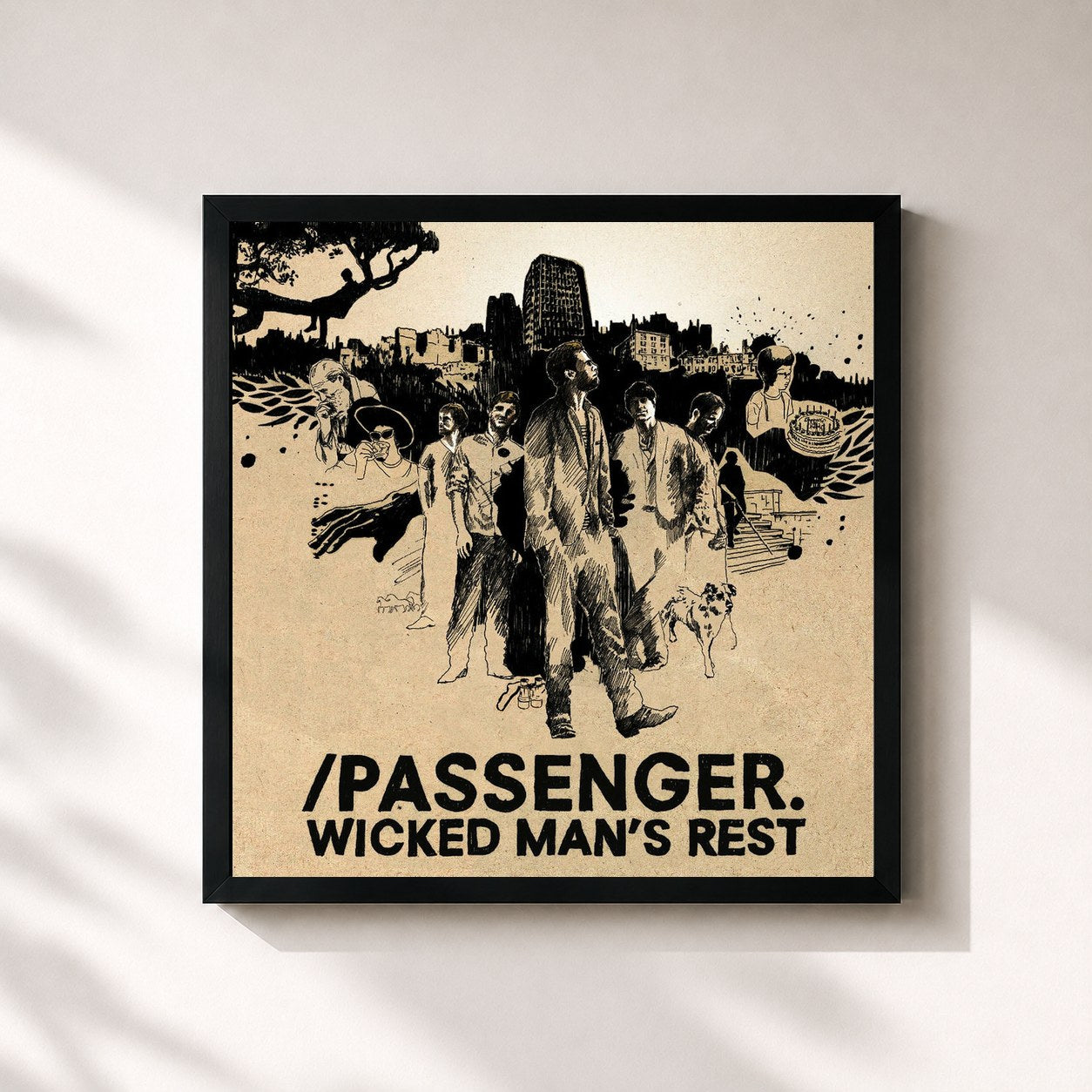 #noir Tableau carré de l'album Wicked Man's Rest de Passenger, cadre noir 32x32 cm