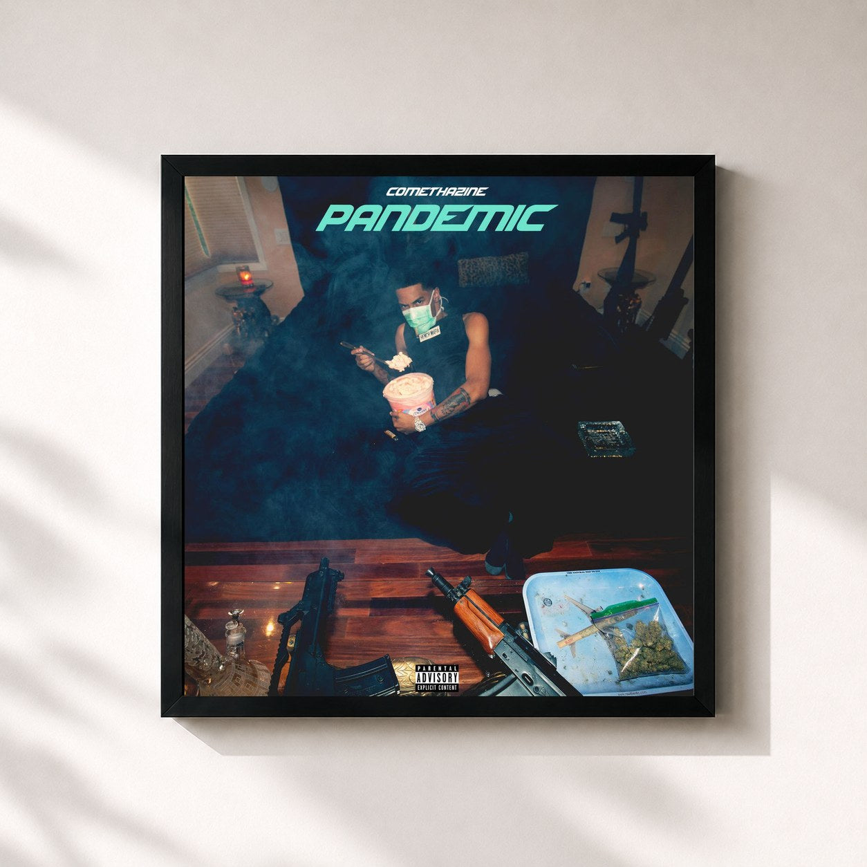 #noir Tableau carré de l'album Pandemic de Comethazine, cadre noir 32x32 cm