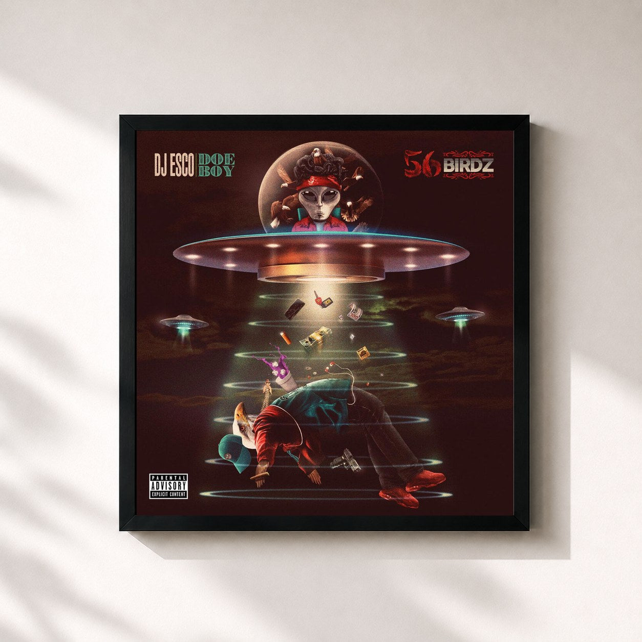 #noir Tableau carré de l'album 56 Birdz de DJ ESCO, cadre noir 32x32 cm