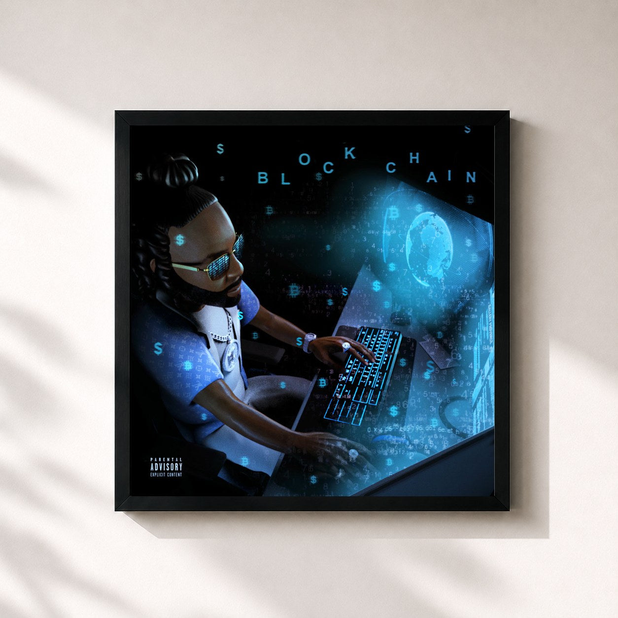 #noir Tableau carré de l'album Blockchain de Money Man, cadre noir 32x32 cm
