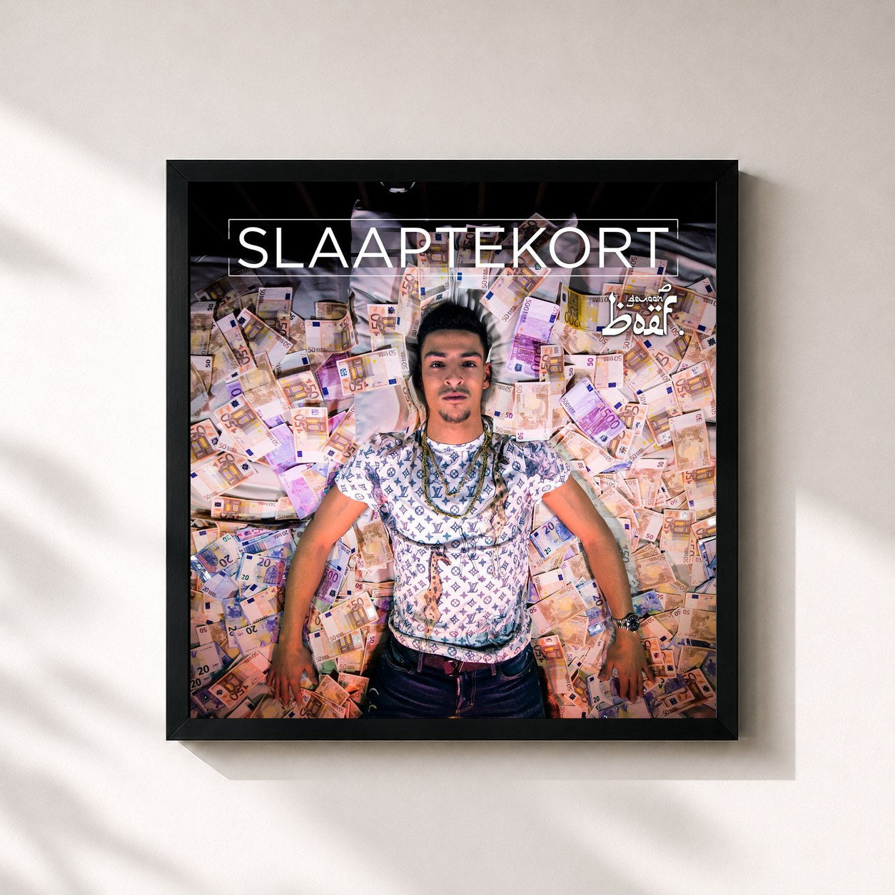 #noir Tableau carré de l'album Slaaptekort de Boef, cadre noir 32x32 cm