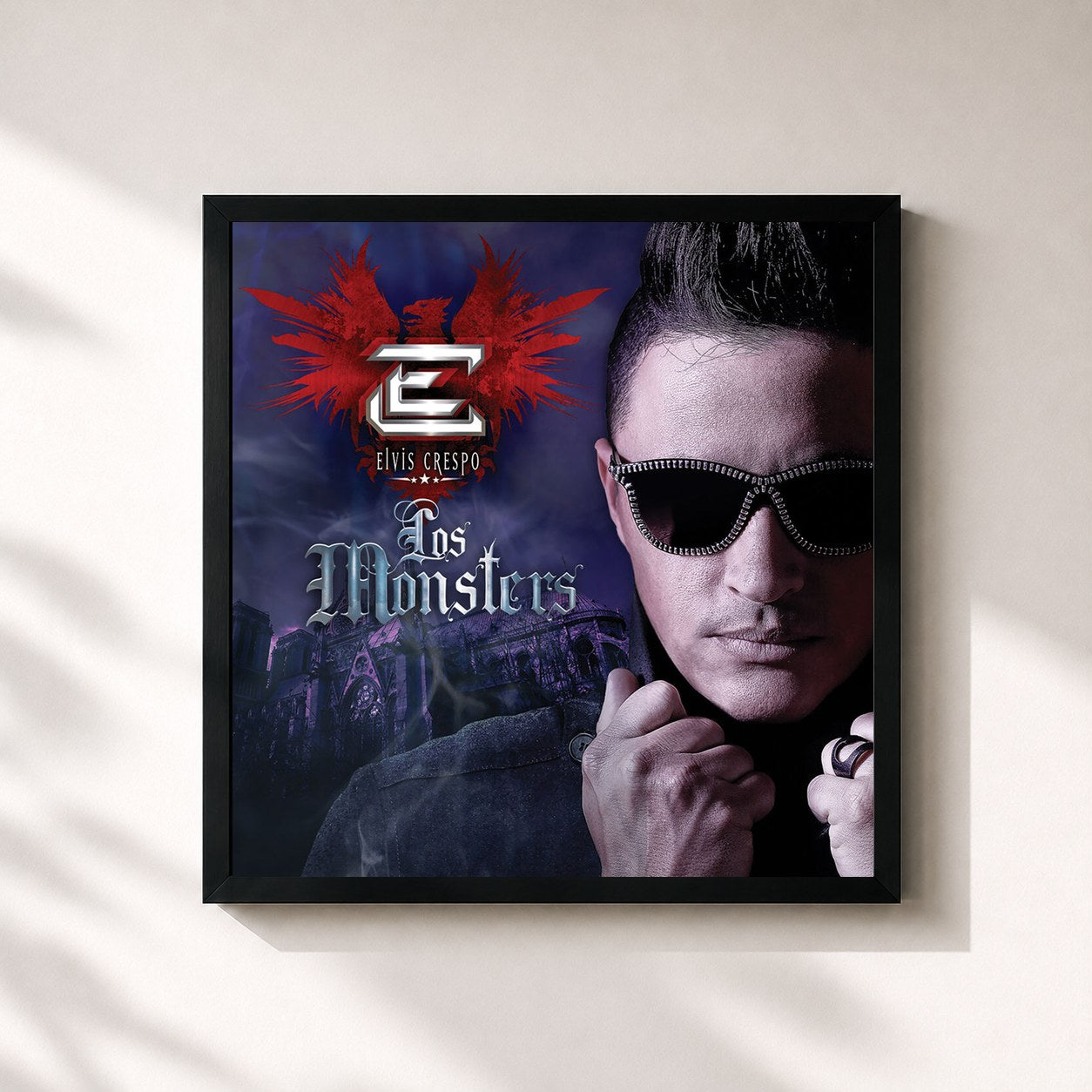 #noir Tableau carré de l'album Los Monsters de Elvis Crespo, cadre noir 32x32 cm