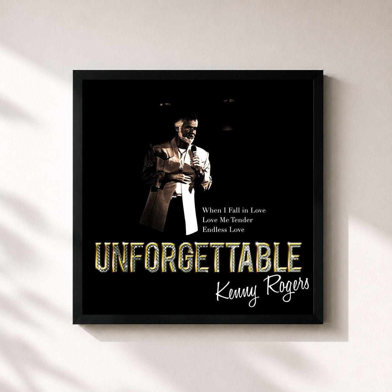 #noir Tableau carré de l'album Unforgettable de Kenny Rogers, cadre noir 32x32 cm