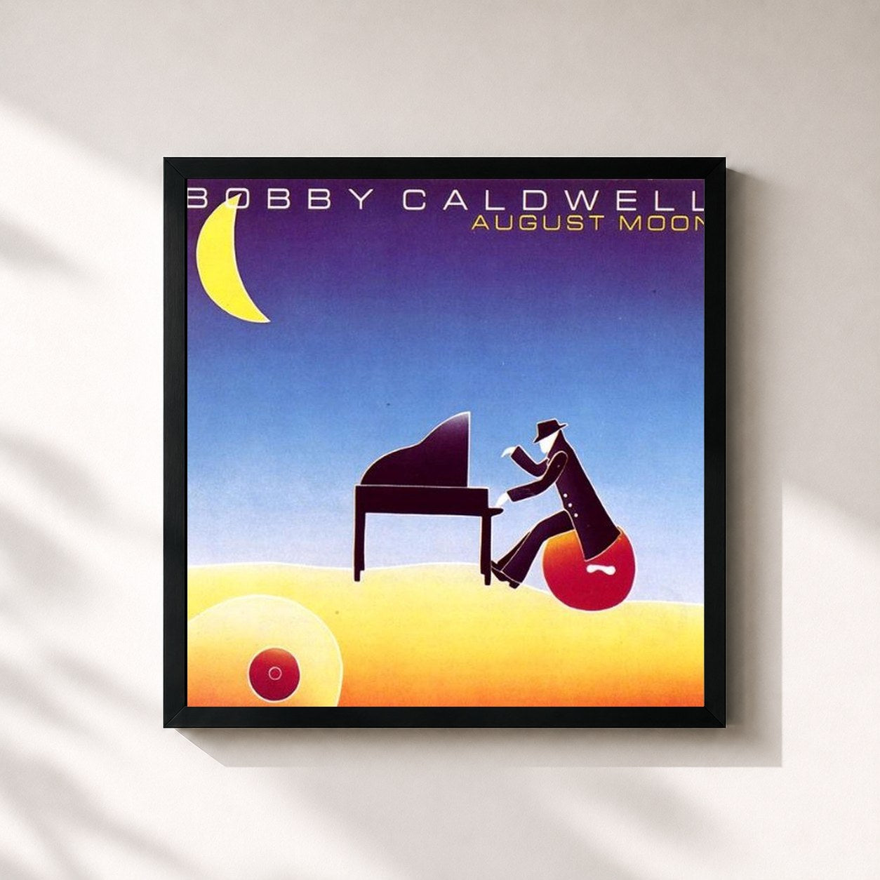 #noir Tableau carré de l'album August Moon de Bobby Caldwell, cadre noir 32x32 cm
